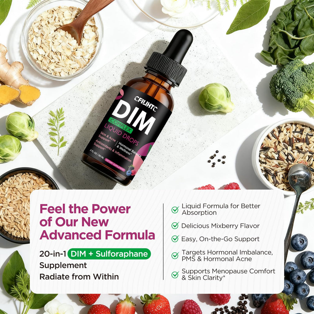 DIM Liquid Drops Supplement Women – Hormone Harmony for Women & Acne Supplements with Multivitamins, Inositol, Sulforaphane - Hormone Balance, Clear Skin & Mood Support, Mixed Berry Flavor 2 Fl Oz CFILIHTC Au supplements