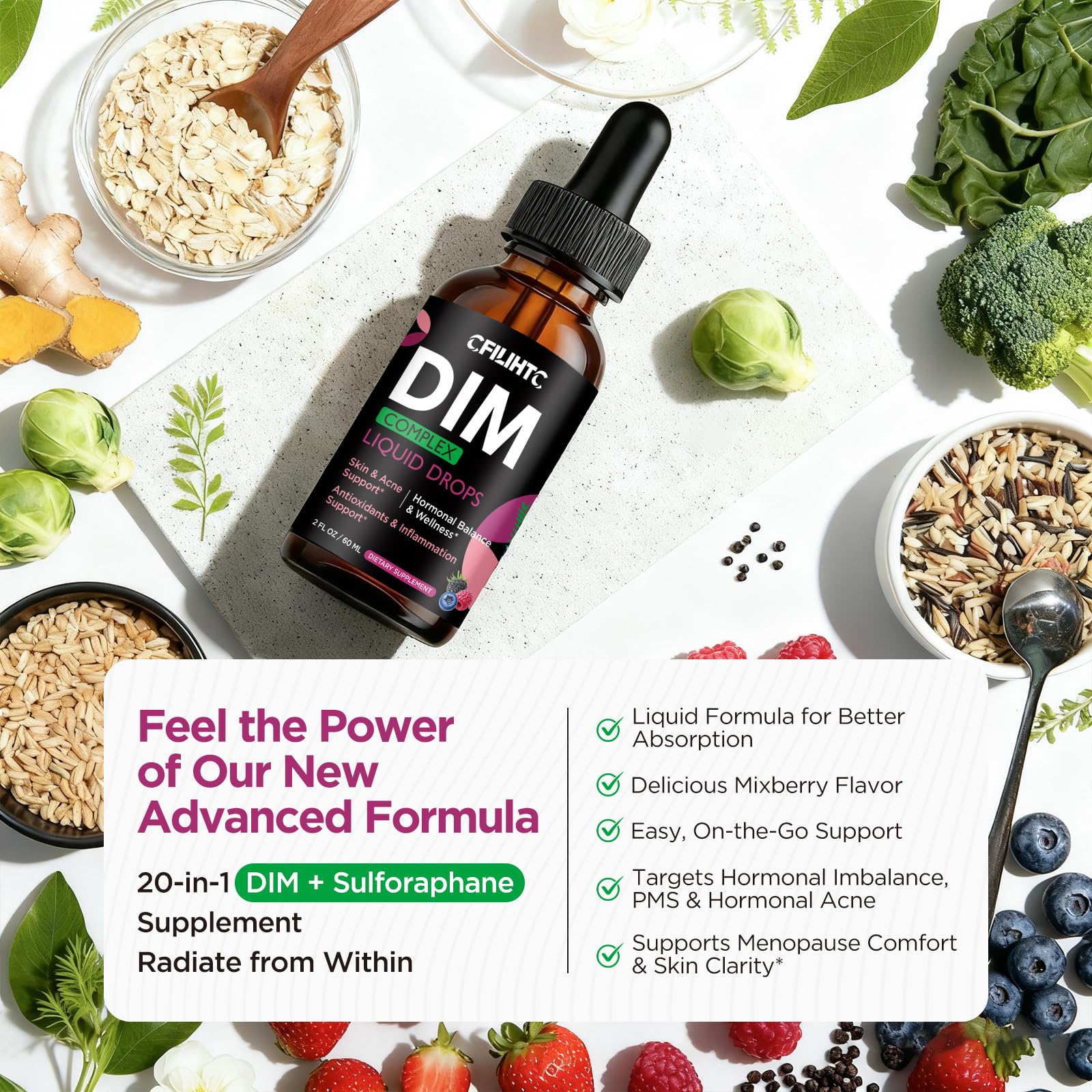 DIM Liquid Drops Supplement Women – Hormone Harmony for Women & Acne Supplements with Multivitamins, Inositol, Sulforaphane - Hormone Balance, Clear Skin & Mood Support, Mixed Berry Flavor 2 Fl Oz CFILIHTC Au supplements