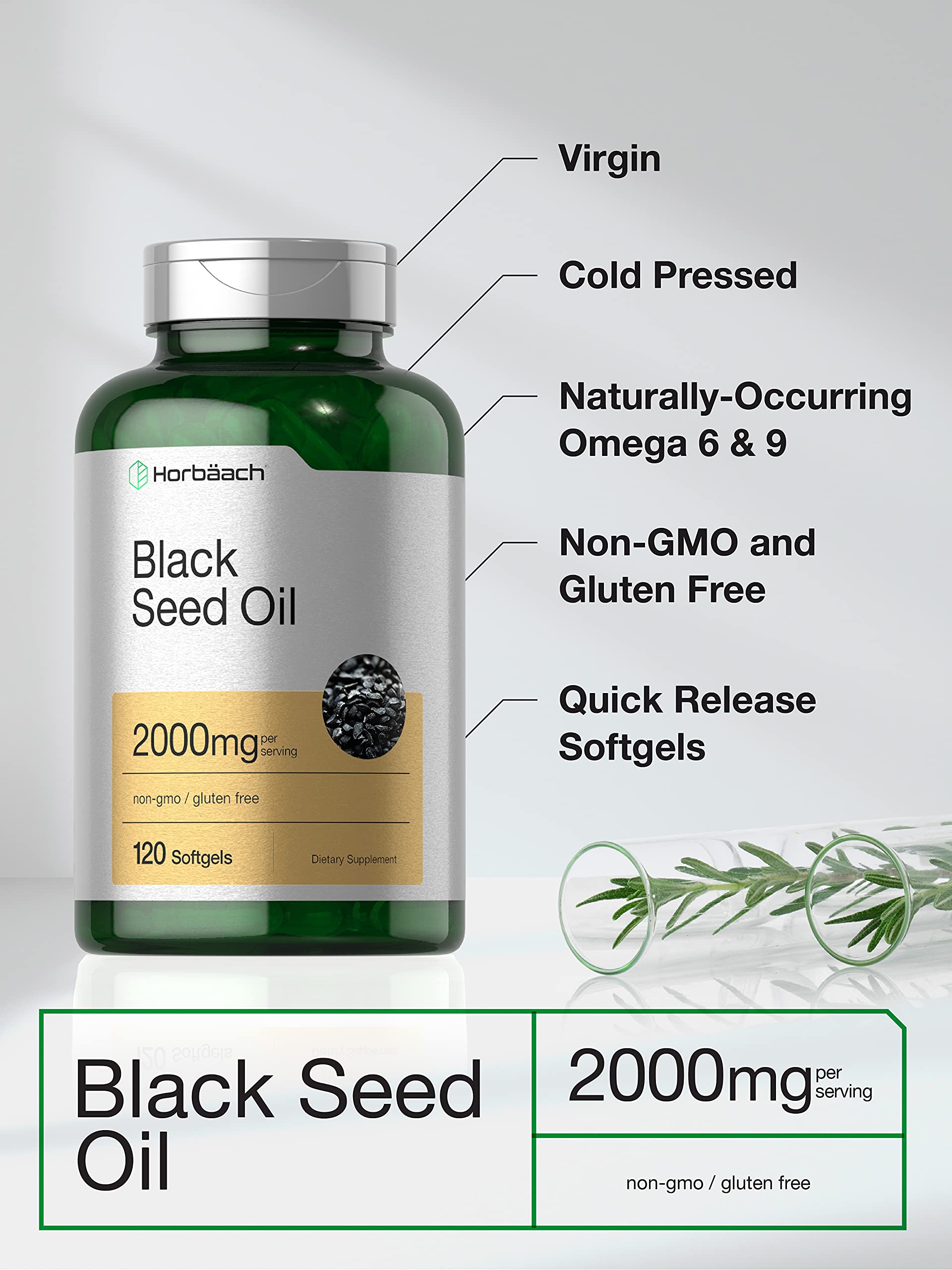 Horbaach Black Seed Oil Cold Pressed Softgel Capsules | 2000mg | 120 Count | Supplement with Omega 6 and 9 | Nigella Sativa