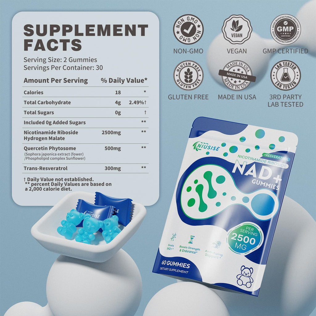 NIUSISE NAD Gummies Sugar Free, NAD+ Supplement with Liposomal Nicotinamide Riboside, Resveratrol, Quercetin, NAD Supplement for Anti-Aging, Energy, Cellular Health, Blueberry Flavor, 60 Gummies NIUSISE Au supplements