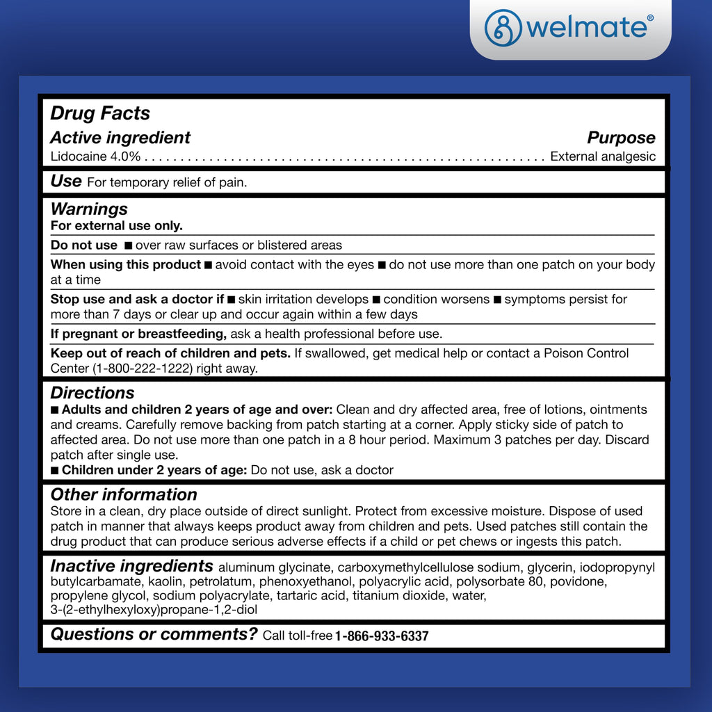 WELMATE - 4% Lidocaine Numbing Patch - Maximum Strength - Temporary Relief of Pain, Back, Neck, Shoulders, Knees, Elbows, Minor Skin Irritations - Topical Analgesic Unscented - 30 ct WELMATE Au supplements