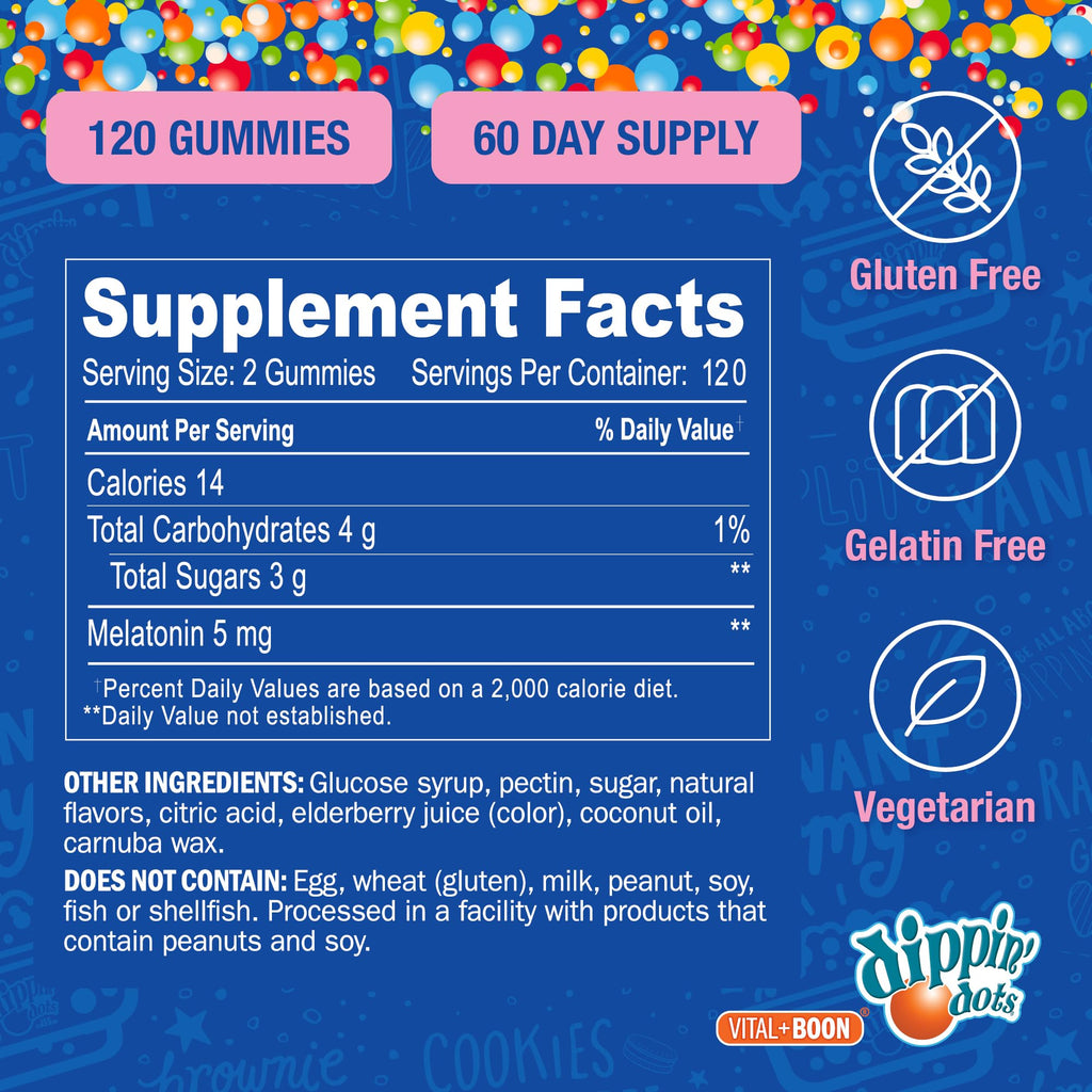 Dippin Dots - Melatonin Gummies for Kids & Adults (60 Days Supply) Strawberry Sunset Creme Flavor | 2.5mg Per Kids Melatonin Supplement for Faster,