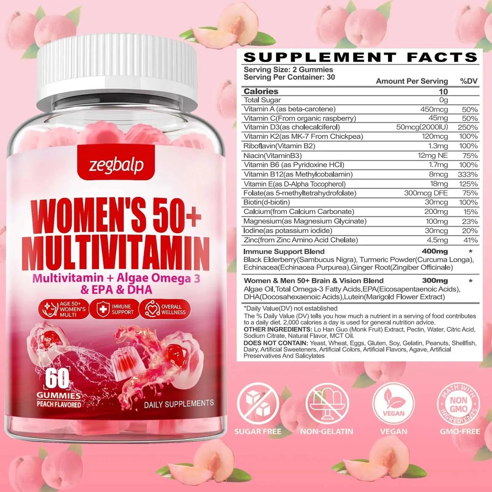ZEGBALP Sugar-Free Womens Multivitamin 50 Plus Gummies with Calcium, Magnesium, Zinc, Vitamin A, C, D3, E, K2, B Complex, Folate, Biotin ZEGBALP Au supplements