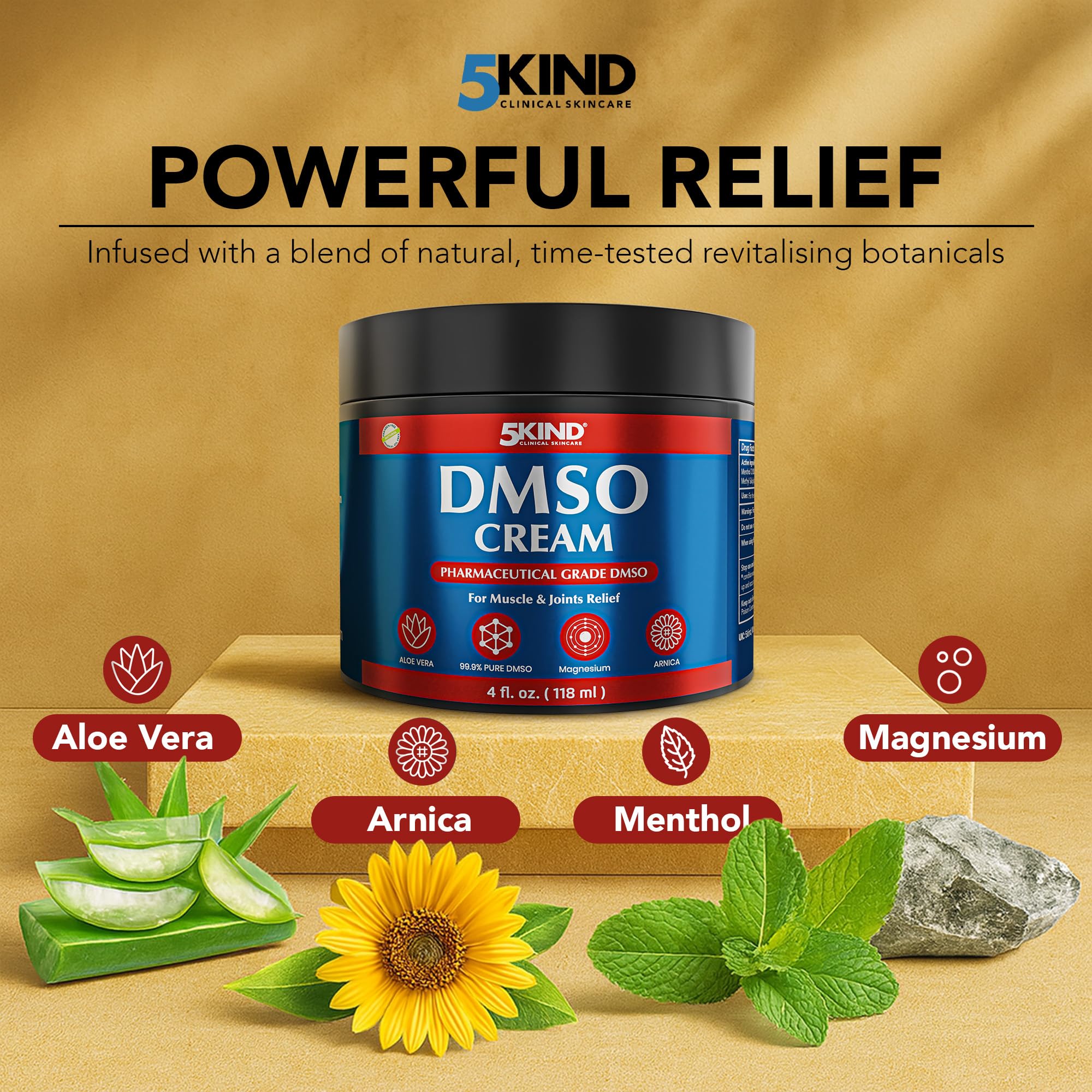 5Kind DMSO Cream for Pain Relief 4 fl oz - 99.9% Pure DMSO Pharmaceutical Grade Cream - Aloe Vera, Magnesium, Arnica & Menthol - Topical Muscle and Joint Pain Relief - Registered NDC - Made in USA 5kind clinical skincare Au supplements