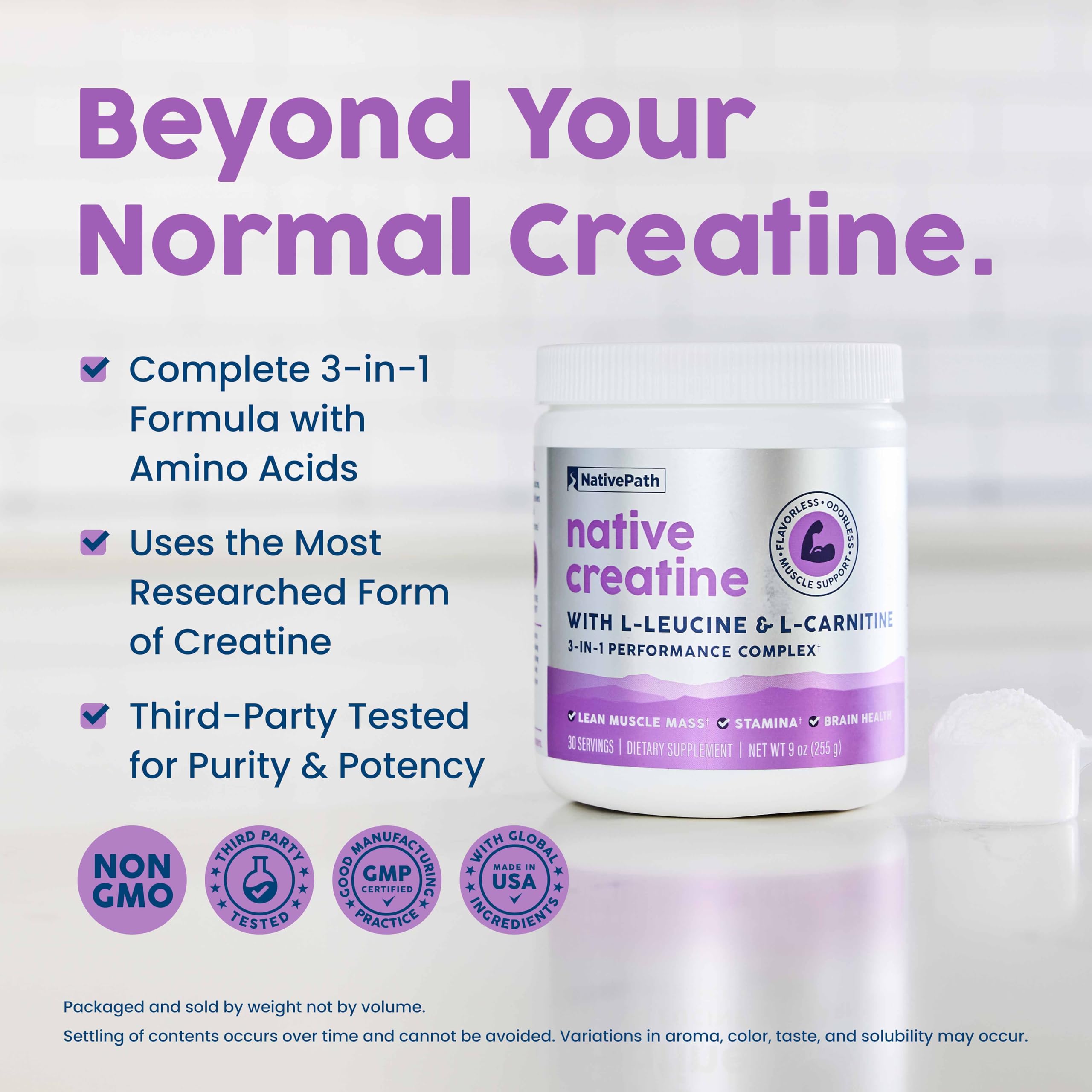 NativePath Creatine Monohydrate Powder with L-Leucine & L-Carnitine - Muscle Building Supplement for Men & Women - 30 Servings (Pack of 2)