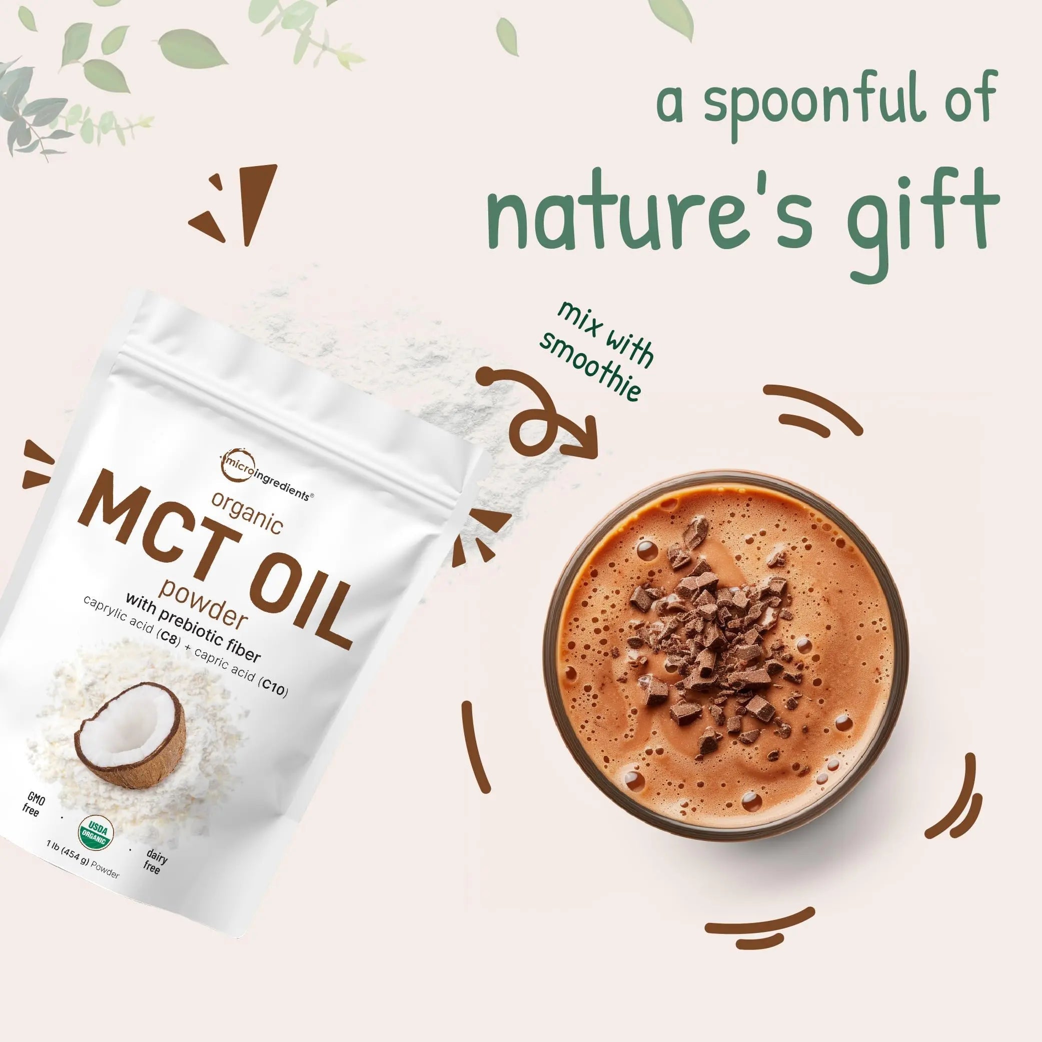 Organic MCT Oil Powder with Prebiotic Fiber,1 Pound(16 Ounce), Fast Fuel for Body and Brain Micro Ingredients Au supplements