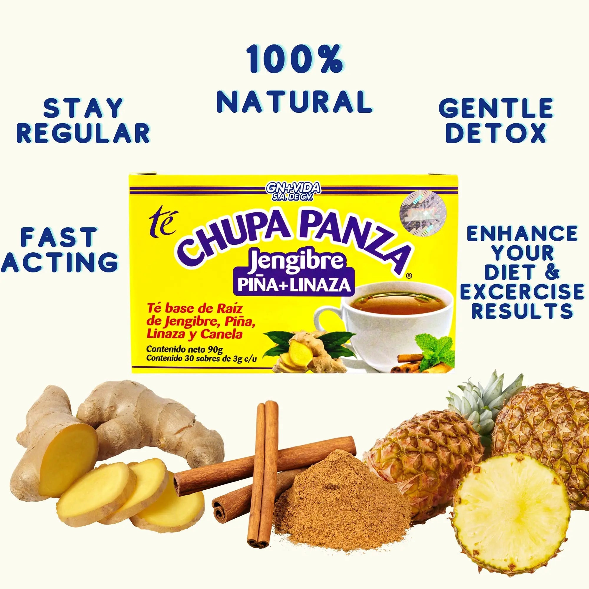 Tea CHUPA Panza, Tea Based ONGINGER Root, PINNEAPPLE, Flaxseed & Cinnamon GN+Vida Au supplements