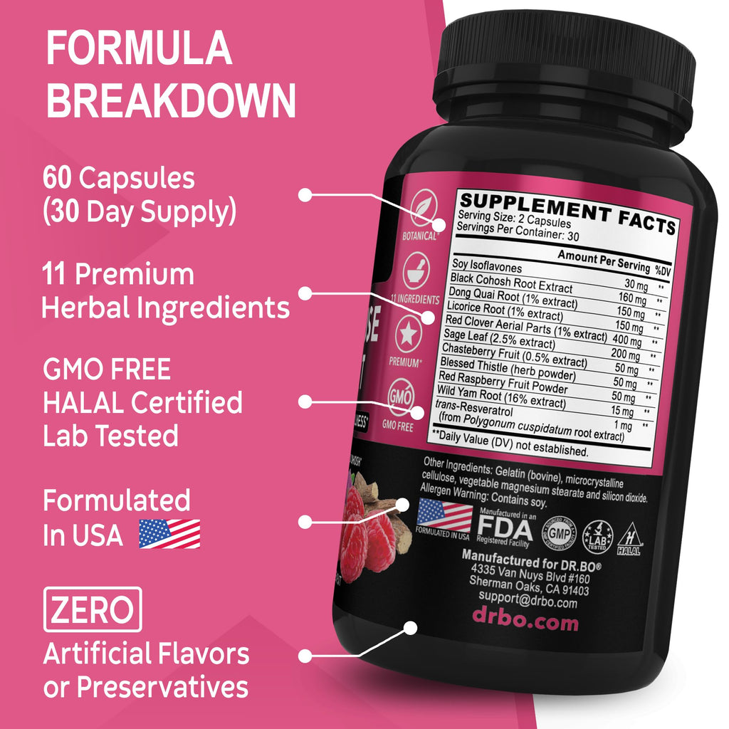 Menopause Supplements for Women Support Pills - Natural Menopause Relief for Hot Flashes, Night Sweats & Mood Swings with Dong Quai, Chasteberry & Black Cohosh - Hormone Balance for Women Supplement DR. BO Au supplements