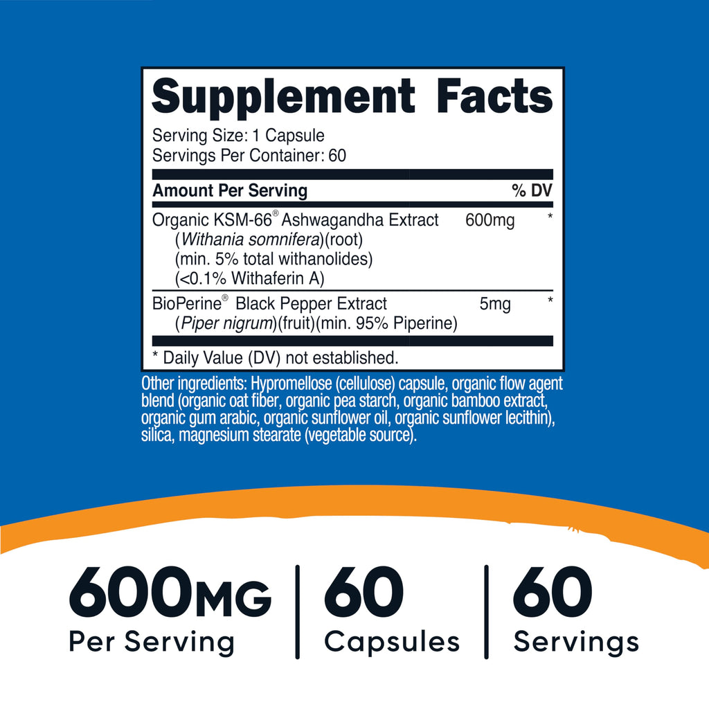 Nutricost KSM-66 Ashwagandha Root Extract 600mg, 60 Veggie Caps - 5% Withanolides - with BioPerine - Full-Spectrum Root Extract Nutricost Au supplements