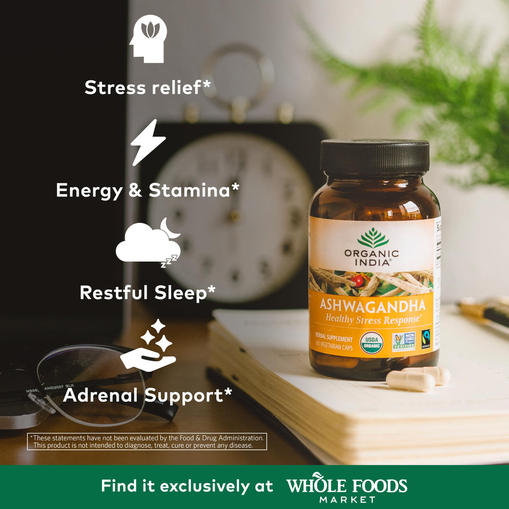ORGANIC INDIA Ashwagandha Capsules - Organic Ashwagandha Supplement - Vegan Ashwagandha Root, Gluten-Free, Kosher, Non-GMO, Supports Stress Relief, Energy, and Sleep - 60 Capsules ORGANIC INDIA Au supplements