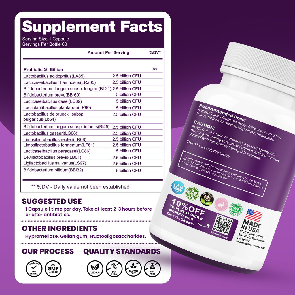 Nutrawave 50 Billion Probiotics for Women & Men, 15 Strains Active Culture. Relieves Bloating & Constipation, Improved Digestion & Gut Health Supplement, Vegan. 60 Powerful Small Capsules. Nutra Wave Au supplements