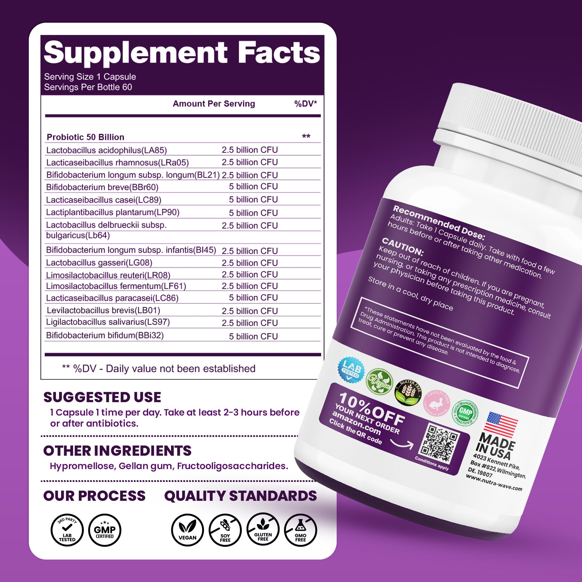 Nutrawave 50 Billion Probiotics for Women & Men, 15 Strains Active Culture. Relieves Bloating & Constipation, Improved Digestion & Gut Health Supplement, Vegan. 60 Powerful Small Capsules. Nutra Wave Au supplements