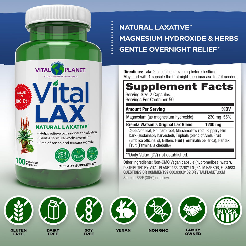 Vital Planet - Vital Lax Natural Laxative Cleanse Supplement for Occasional Constipation, with Magnesium Hydroxide, Slippery Elm, Aloe,
