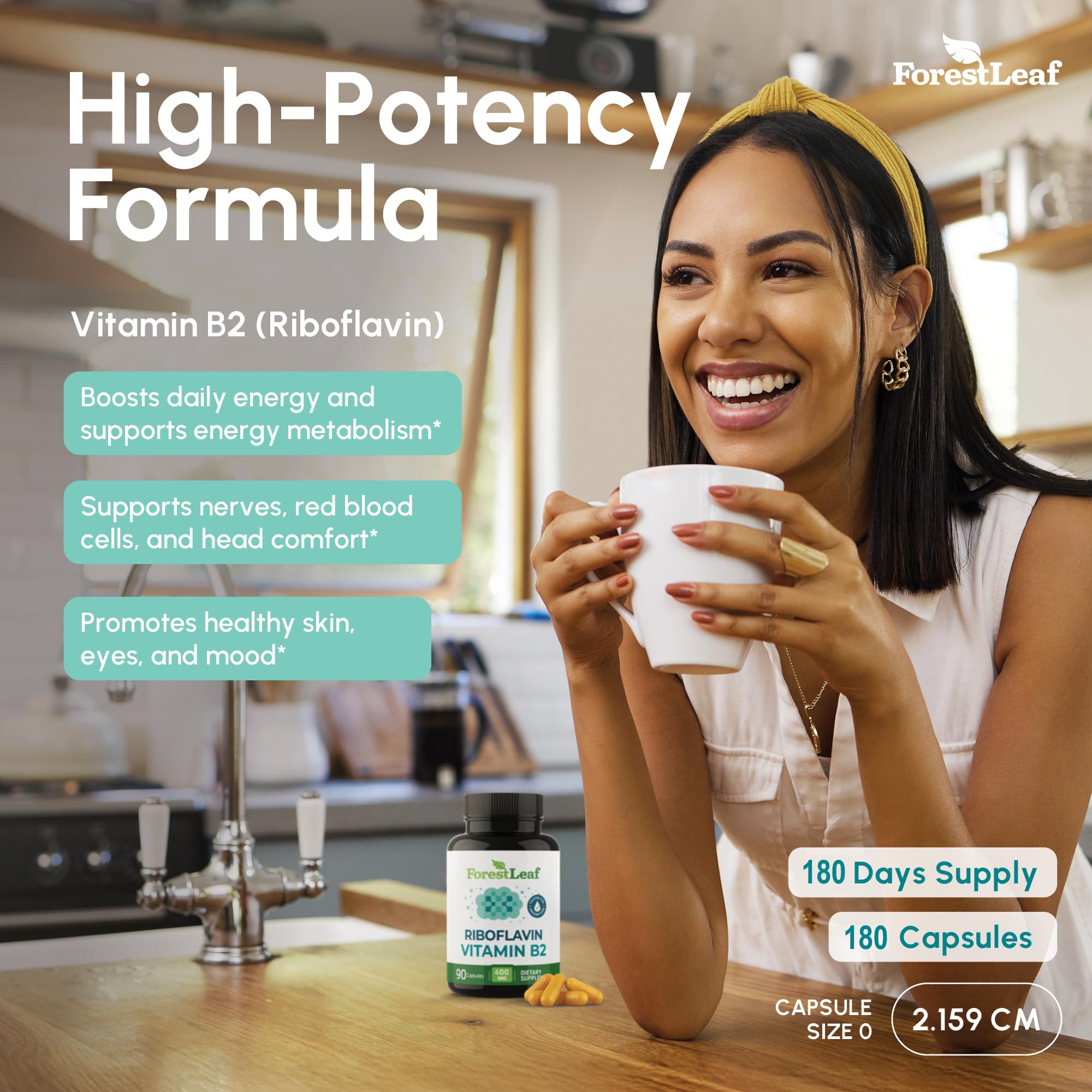 Vitamin B2 Riboflavin 400mg - Energy, Skin & Cellular Health Supplement - Nervous System Support - Vitamin B 2 Vit B - Non-GMO & Gluten Free - B2 Vitamin 400mg