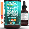 Clean Nutra Organic Sea Moss Drops Supplement | Black Seed Oil Irish Seamoss Ashwagandha Burdock Root & Bladderwrack - Multimineral Liquid Vegan