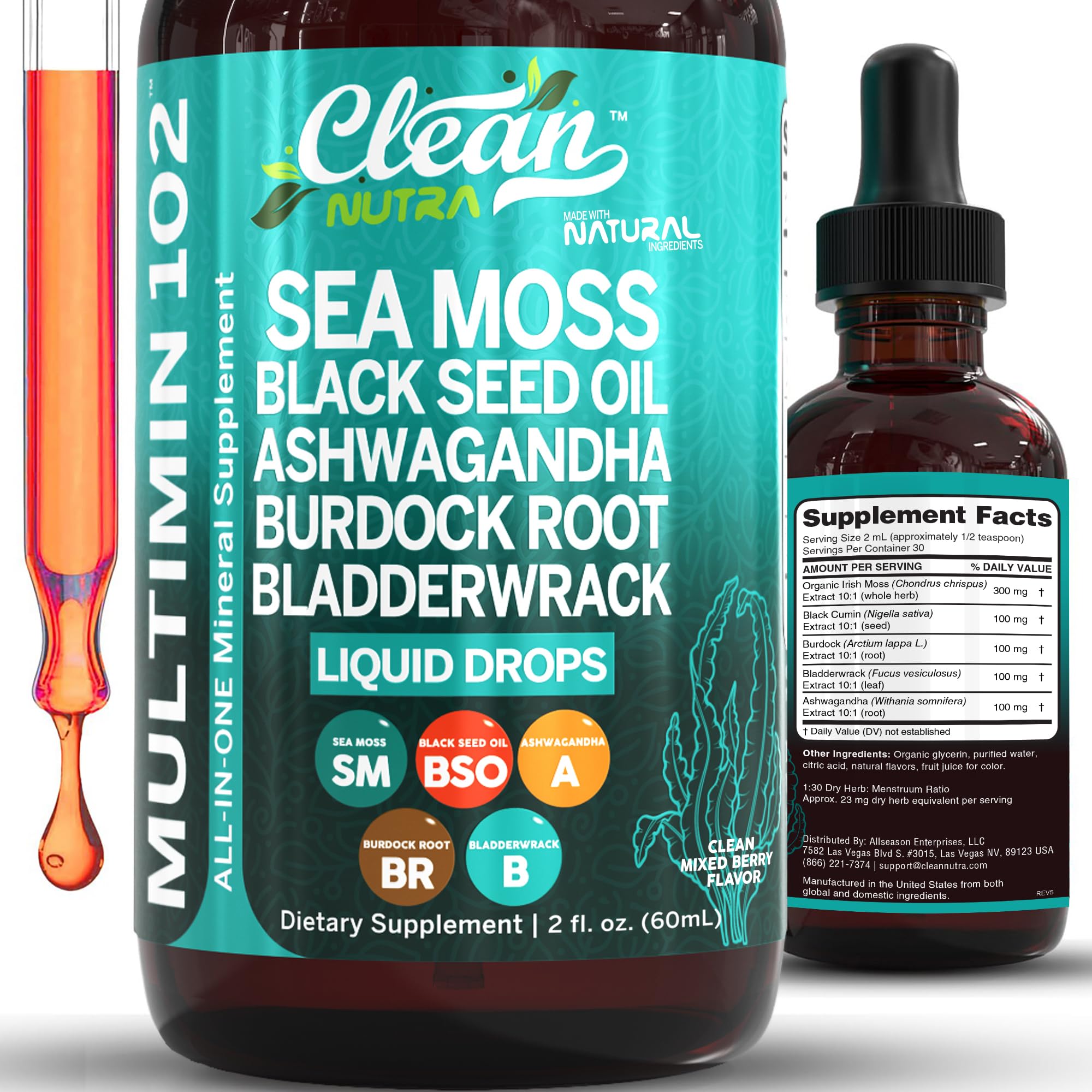 Clean Nutra Organic Sea Moss Drops Supplement | Black Seed Oil Irish Seamoss Ashwagandha Burdock Root & Bladderwrack - Multimineral Liquid Vegan