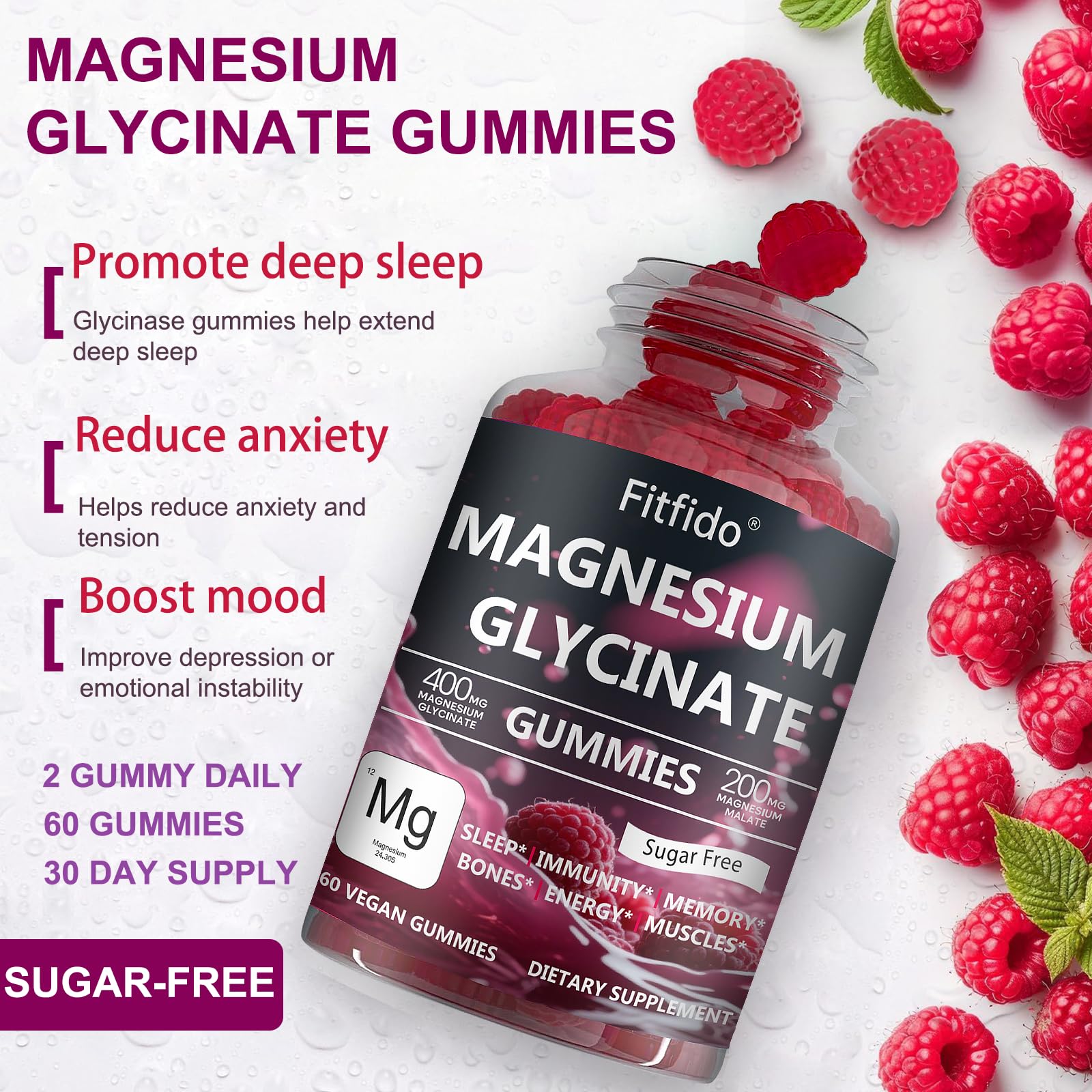 Magnesium Glycinate Gummies 400mg, Chewable Sugar Free Magnesium Supplement with Magnesium Glycinate, Magnesium Malate and Protein for Sleep, Relaxation, Brain & Muscle - Vegan (60 Count, Raspberry) Fitfido Au supplements
