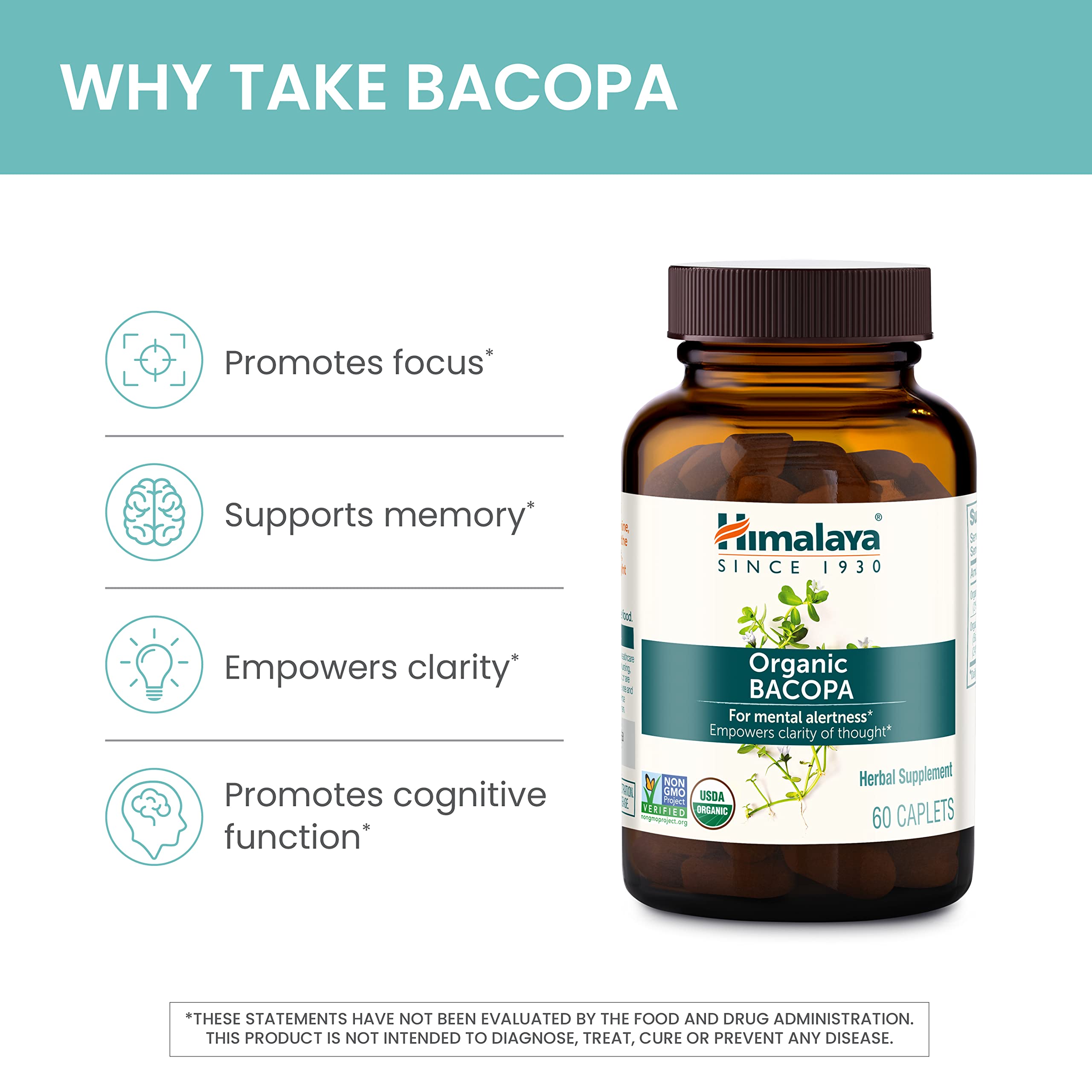Himalaya Bacopa Monnieri Nootropic Herbal Supplement, Supports Calm, Memory, Cognition, USDA Certified Organic, Non-GMO, 750 mg, 60 Plant-Based Caplets, 60 Day Supply Himalaya Au supplements