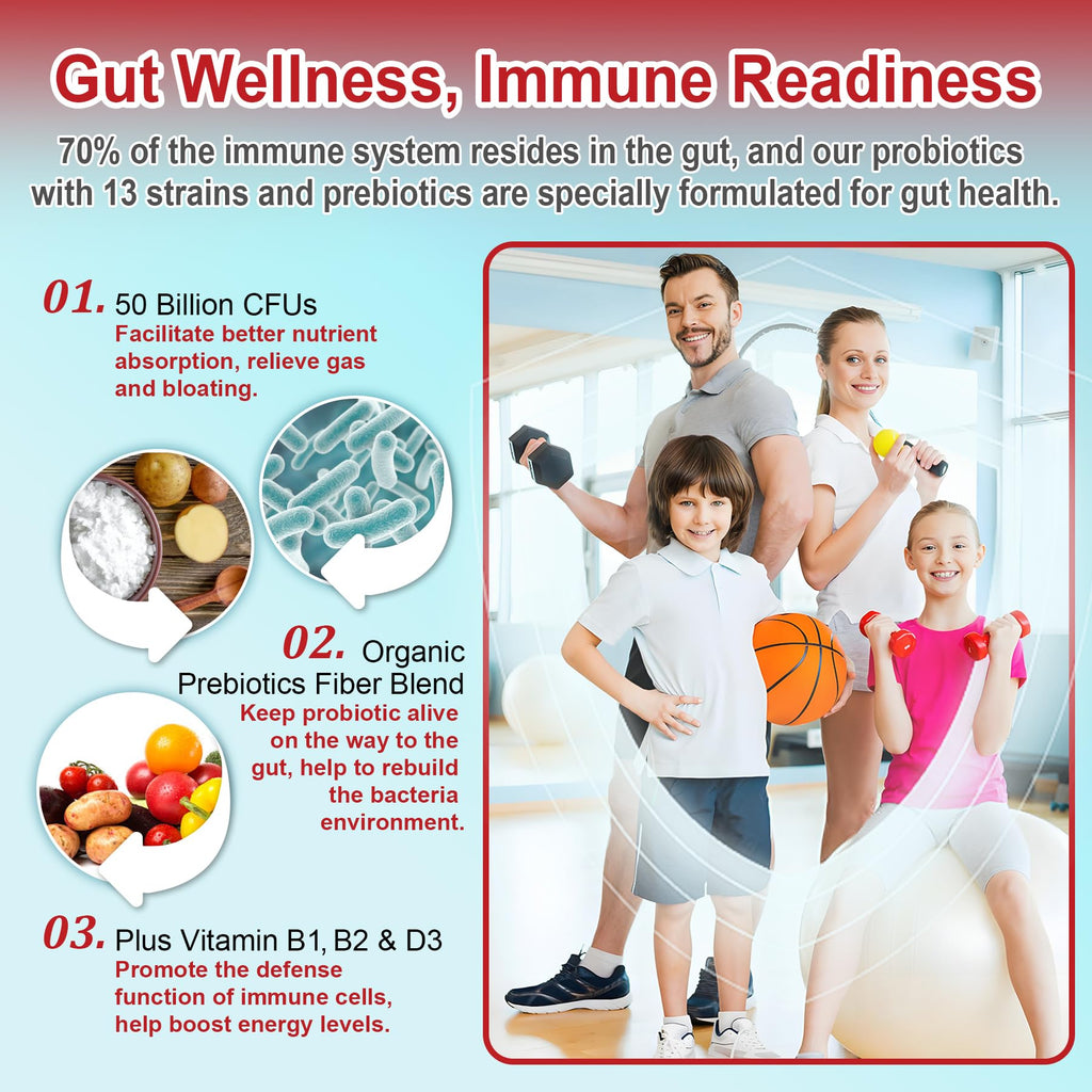 NEVISS Probiotic + Prebiotic Gummies for Adults & Kids 4+, Sugar Free Chewable 50 Billion CFUs w/Fiber, Vitamin B1 B2 D3 & Zinc, for Digestive & Gut Health