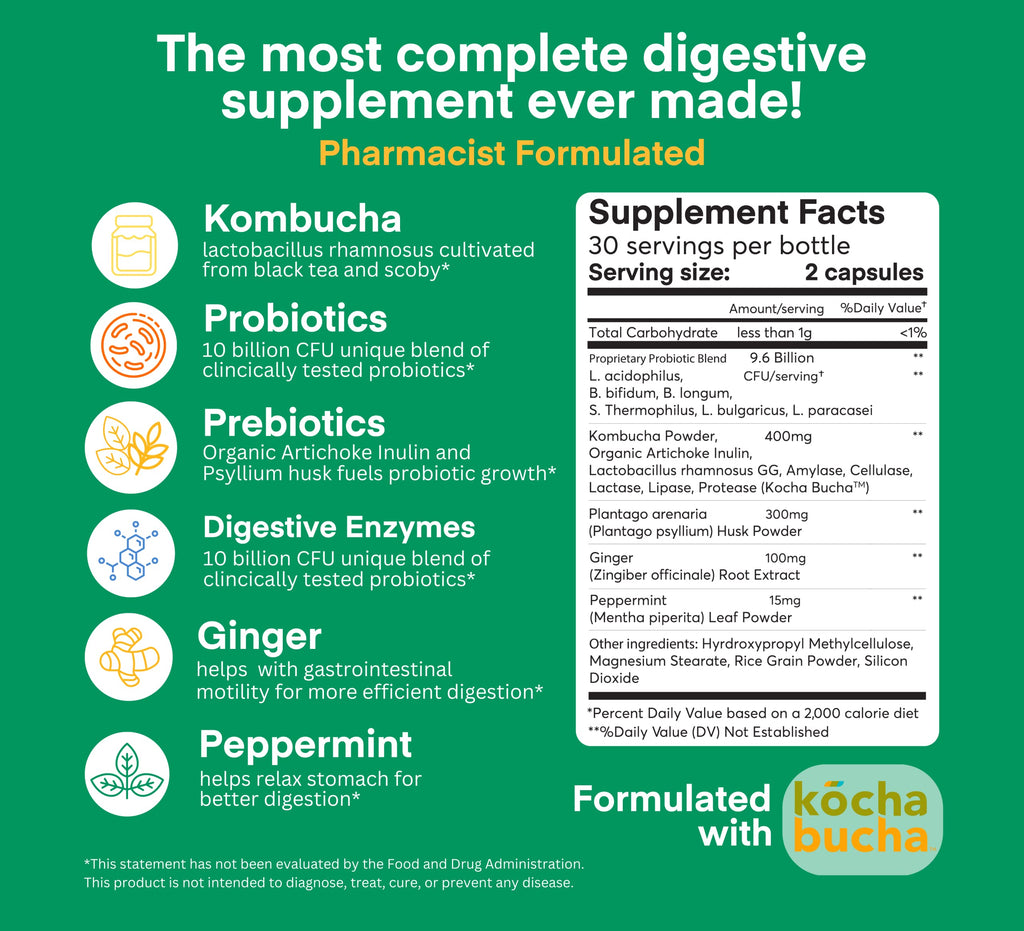 A dose of Digestive Balance-Gut Health Supplement-USDA-Kombucha, 7 Probiotic Strains and Prebiotics for Microbiome-Digestive Enzymes for Digestion