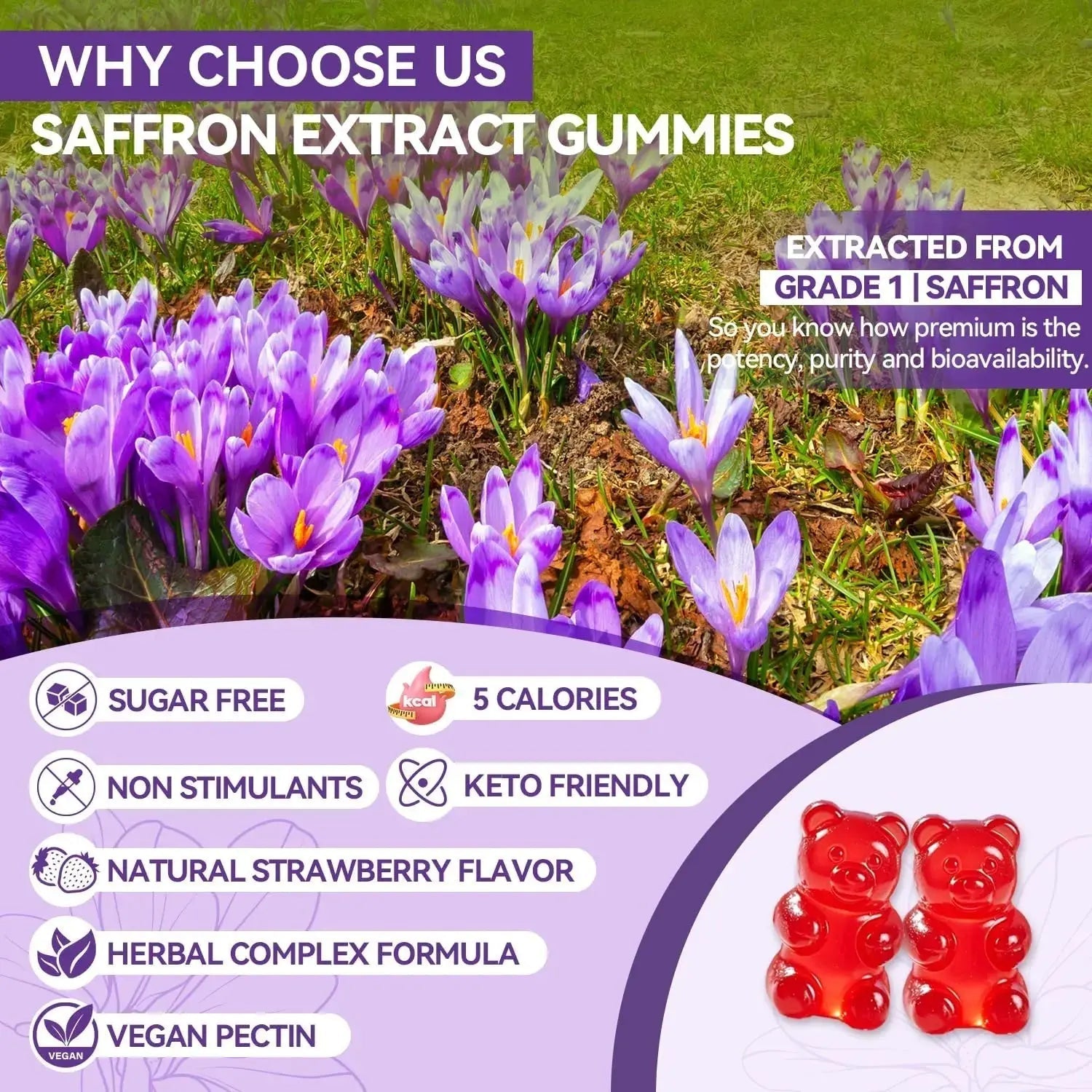 Crasye Saffron Gummies for Kids 100% Pure Organic Saffron Extract Sugar Free Saffron Supplements Gummy for Children Calm Mood & Focus - 60 Gummies Crasye Au supplements