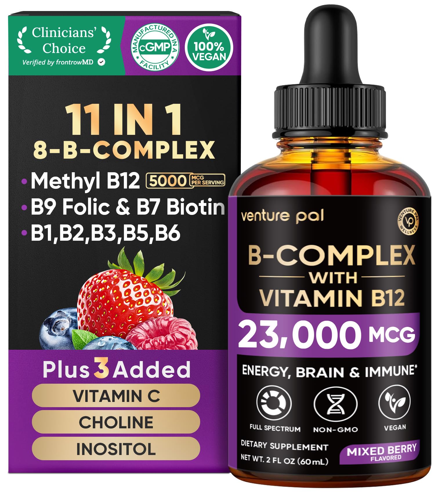 Venture Pal Vitamin B Complex Liquid Drops, B12 Methylcobalamin | B9 Folic | B1,B2,B3,B5,B6,B16 - Vitamin C, Choline, Inositol