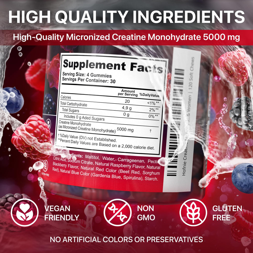 Hofnie Creatine Monohydrate Gummies 5000 mg – Vegan, Sugar-Free Pre Workout Creatine for Men & Women – Raspberry & BlackBerry Flavored Chewable Creatine Monohydrate, 120 Gummies (30-Day Supply) Hofnie Au supplements