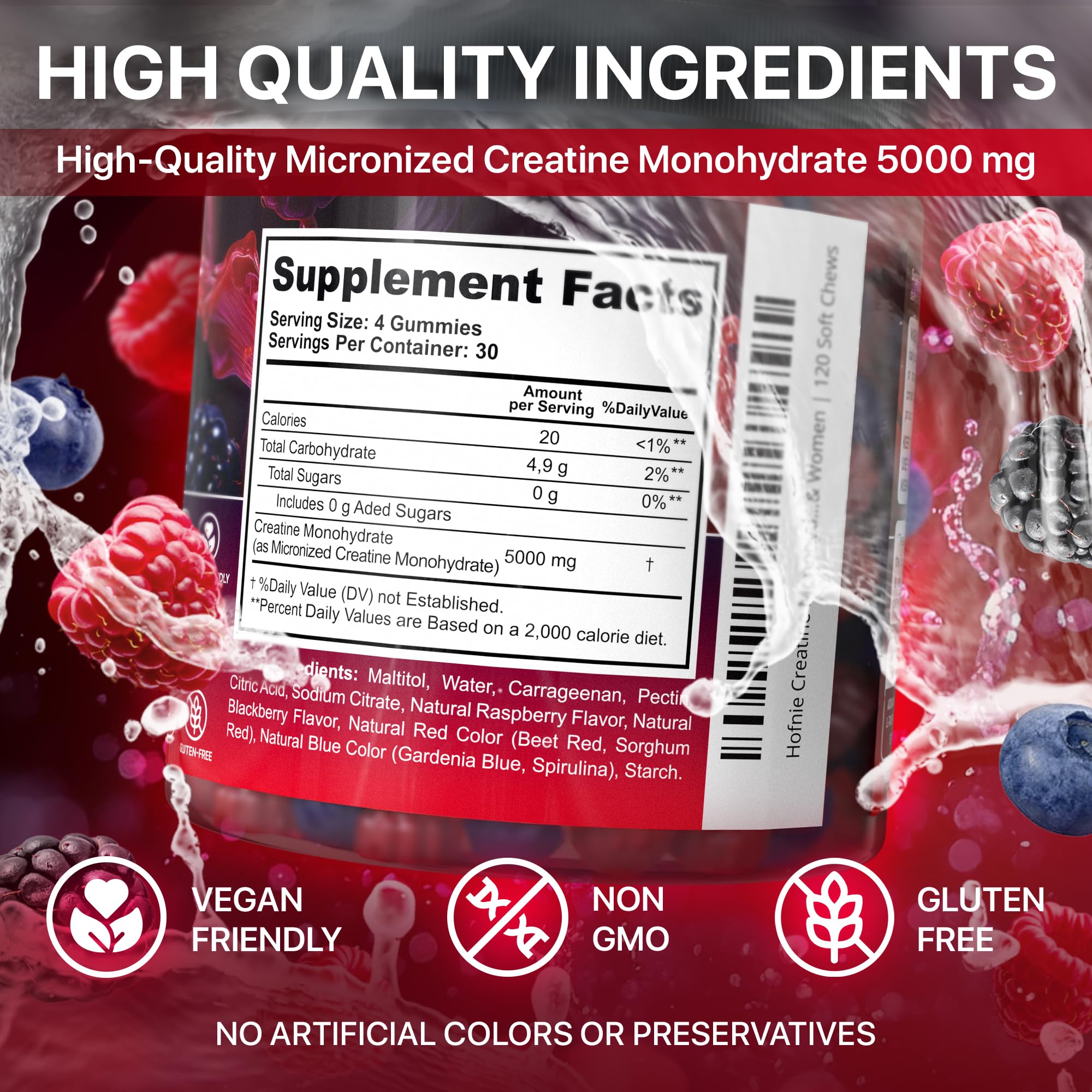 Hofnie Creatine Monohydrate Gummies 5000 mg – Vegan, Sugar-Free Pre Workout Creatine for Men & Women – Raspberry & BlackBerry Flavored Chewable Creatine Monohydrate, 120 Gummies (30-Day Supply) Hofnie Au supplements
