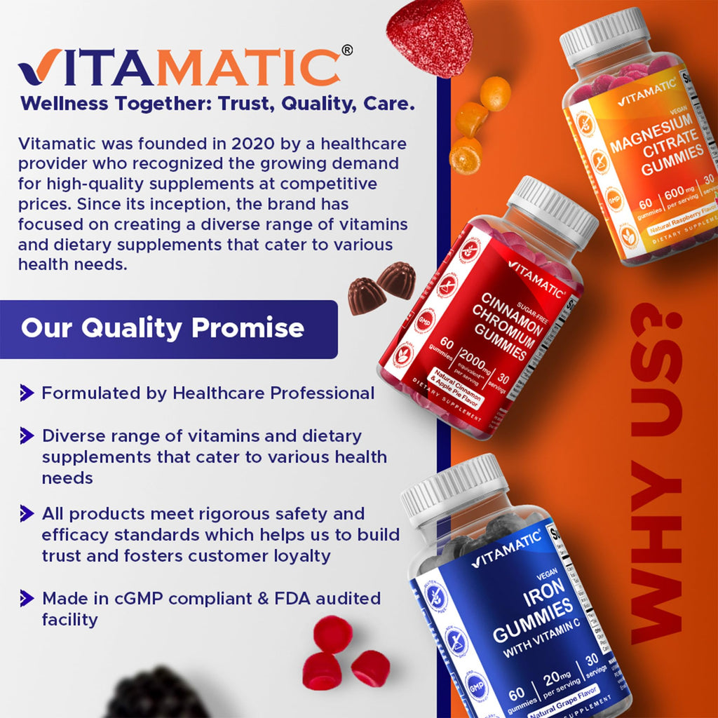 Vitamatic Vitamin B Complex Gummies with Vitamin C & Inositol - Natural Strawberry Flavor - 60 Gummies (1 Bottle)