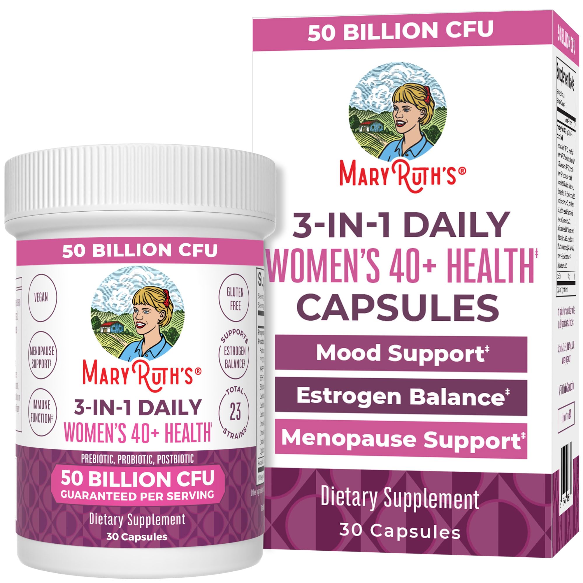 MaryRuth's 3-in-1 Daily Health 40+ Probiotics for Women | Hormonal & Menopause Support Supplement for Women | Gut Health Capsules | 50 Billion CFU | Allergen Free | 30 Ct MARYRUTH'S Au supplements