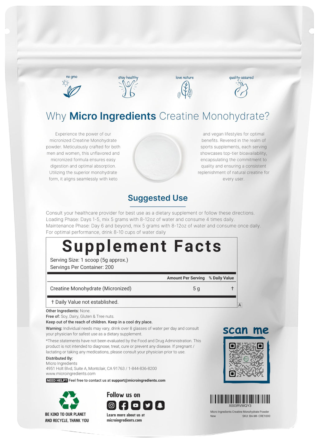 Creatine Monohydrate Powder 1 kg (2.2 Lbs), 5000mg Per Serv, Micronized Creatine Powder, Unflavored, Pure, No Filler, Keto & Vegan Friendly, Easy Dissolve Pre Workout Creatine for Women and Men Micro Ingredients Au supplements