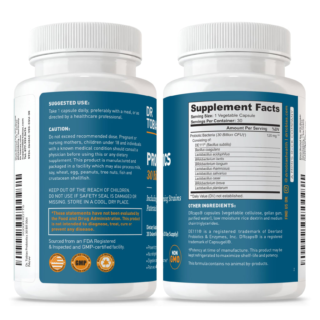 Dr. Tobias Probiotics 30 Billion, 10 Strains, 30 Billion CFU's, Targeted Release Probiotics for Women & Men, Supports Digestive Health, Shelf-Stable,