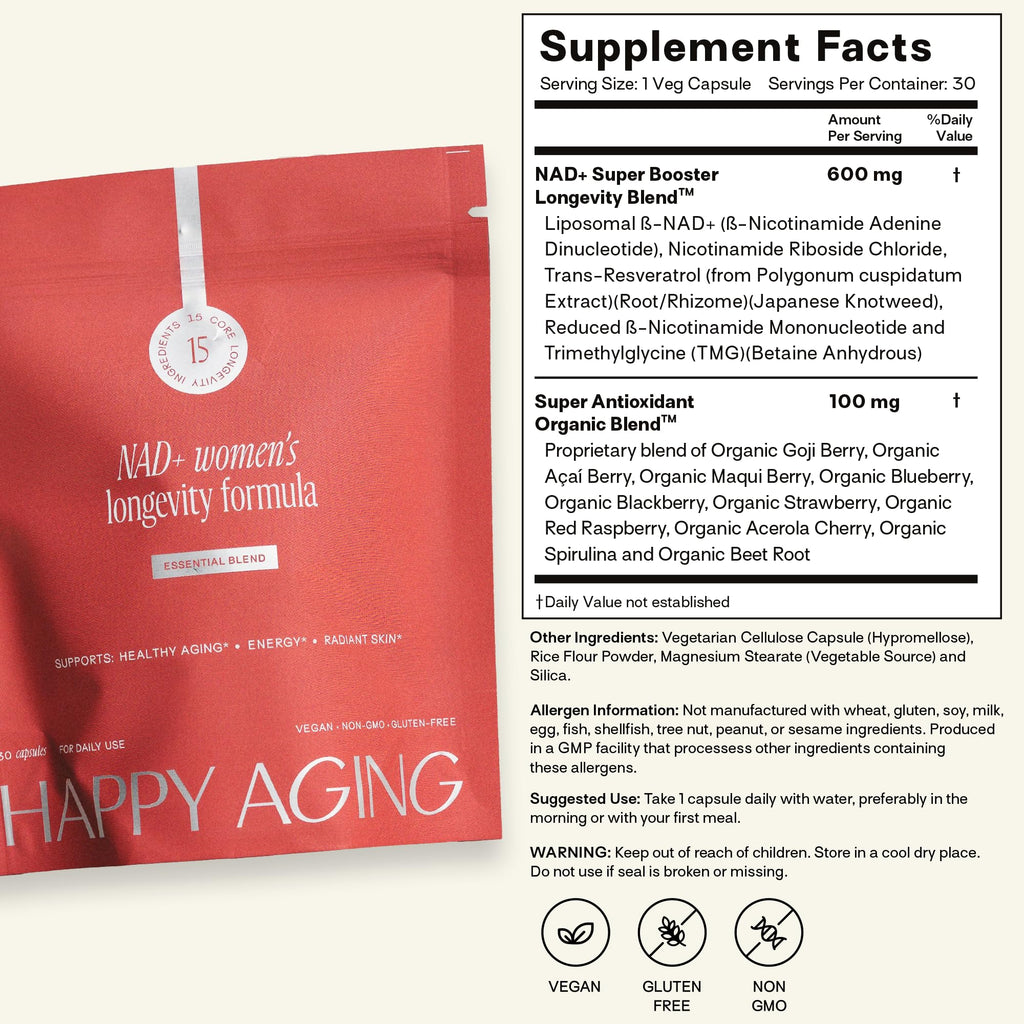Happy Aging Essential Longevity Formula, NAD+ Super Booster with NR, NMNH & Liposomal β-NAD+, Organic Antioxidant Superfruit Blend for Cellular Energy, Skin Hydration & Daily Vitality, 30 Capsules Happy Aging Au supplements