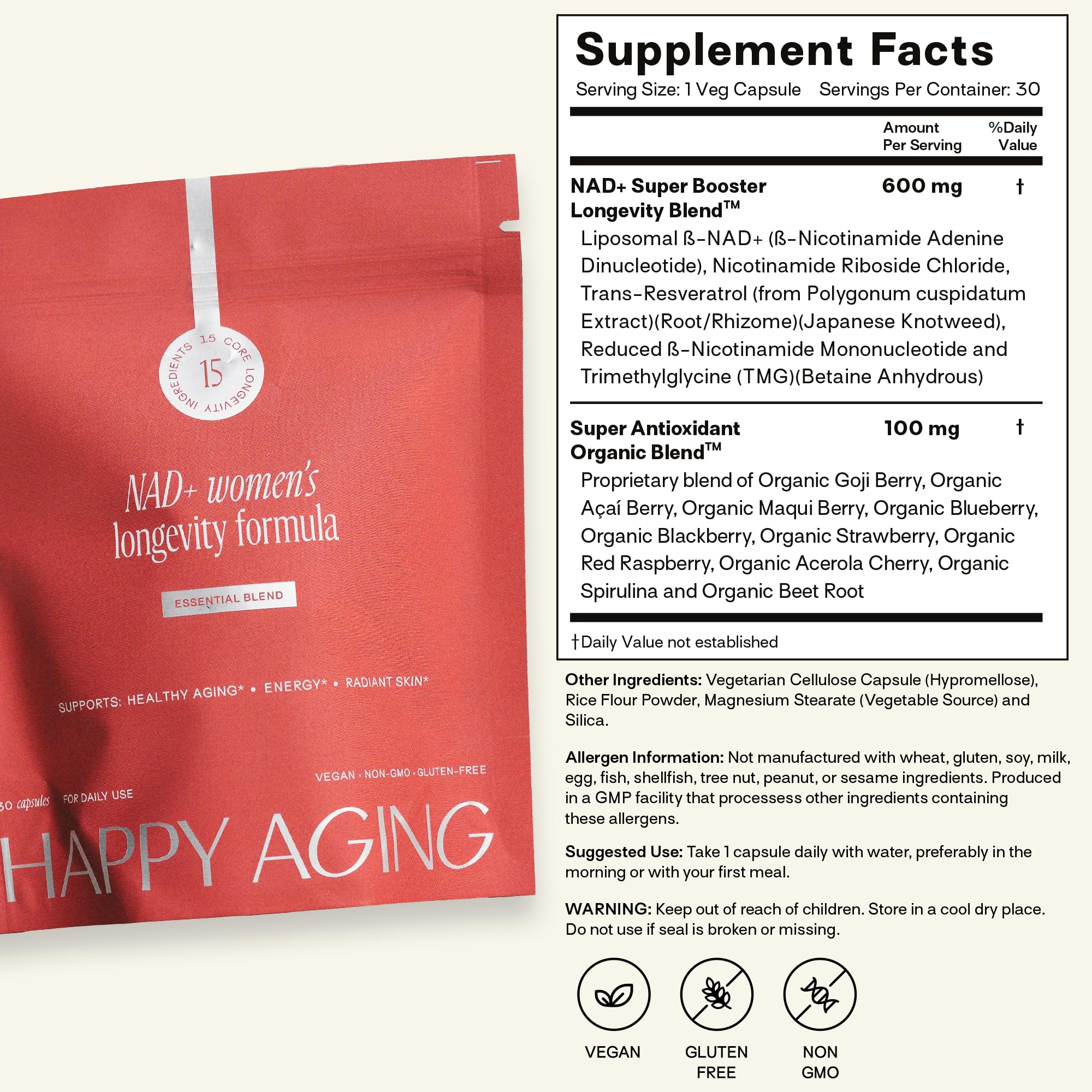 Happy Aging Essential Longevity Formula, NAD+ Super Booster with NR, NMNH & Liposomal β-NAD+, Organic Antioxidant Superfruit Blend for Cellular Energy, Skin Hydration & Daily Vitality, 30 Capsules Happy Aging Au supplements