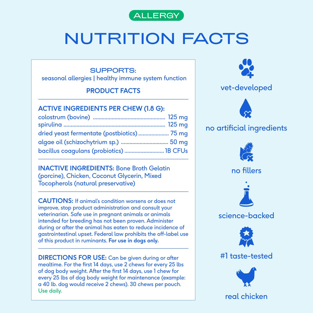 Native Pet Dog Allergy Chews - Dog Allergy Relief for Medium Breeds - Supports Seasonal Itch Relief, Healthy Immune Function & Reduces Sneezing - Colostrum, Spirulina, & Probiotics - 30 Days Supply Native Pet Au supplements