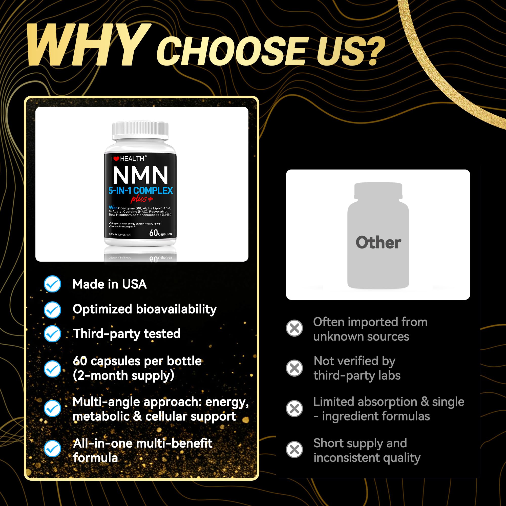 I LOVE HEALTH NMN Complex Plus+ for Women & Men with NAC, Alpha Lipoic Acid, CoQ10 & Resveratrol – 5-in-1 Cellular Energy & Healthy Aging Support – 60 Capsules, Non-GMO, Made in USA I LOVE HEALTH Au supplements