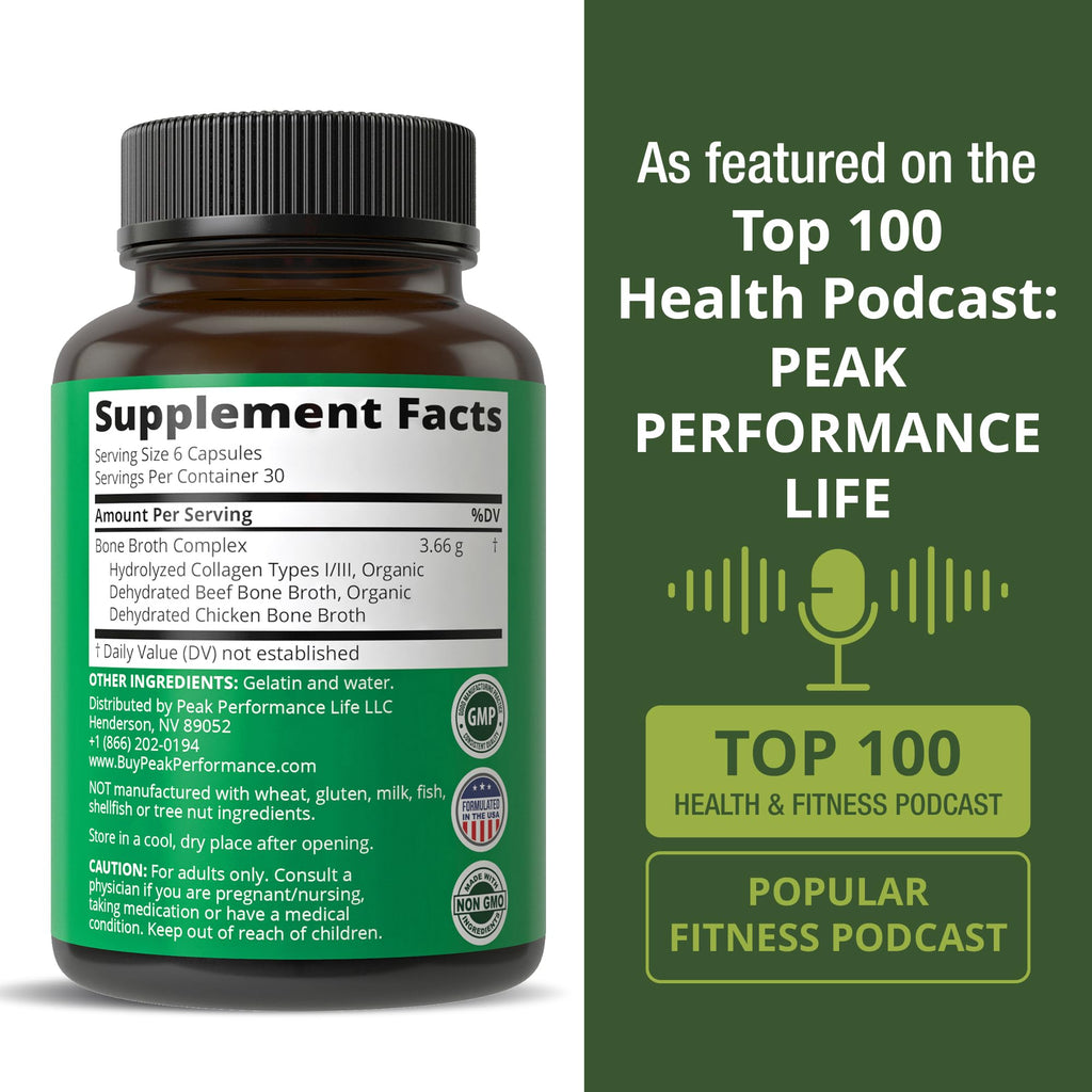 Peak Performance Bone Broth Collagen Capsules - 180 Pills of Grass Fed Bone Broth Collagen Protein Peptides - Contains All 3 Types 1, 2, and 3 - Pure Pasture