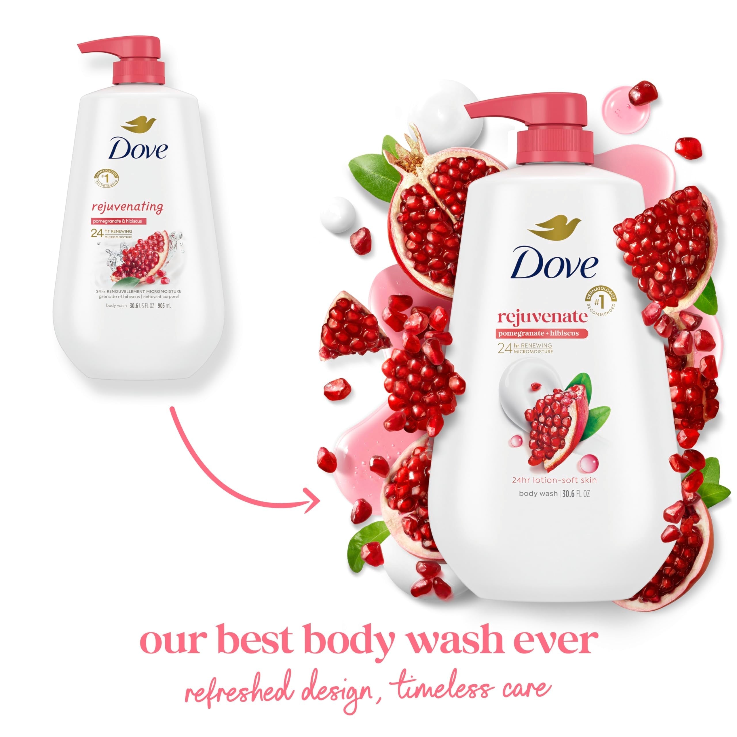 Dove Body Wash with Pump Rejuvenate Pomegranate & Hibiscus for 24hr Lotion-Soft Skin Moisturizing Skin Cleanser