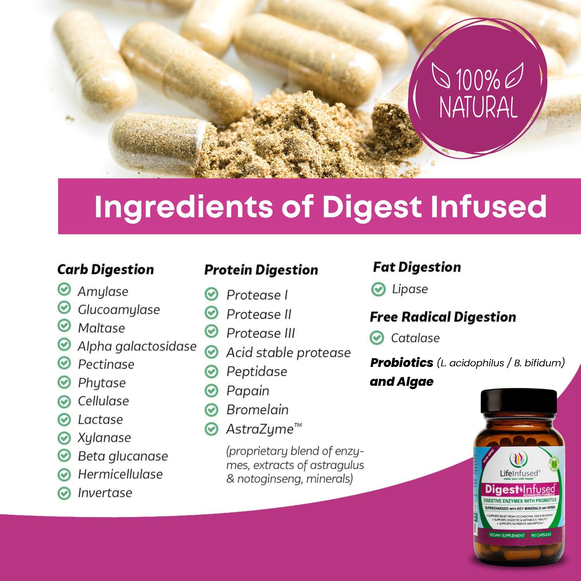 Life Infused Digestive Enzymes with Probiotics – 21 Plant-Based Enzymes with Bromelain, Papain, Amylase & Protease – Digestive Support for Gas & Bloating –