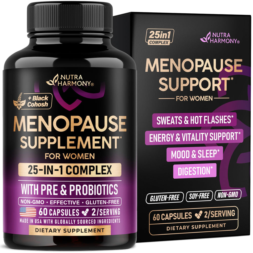Menopause Supplements for Women - Dong Quai, Black Cohosh, Pre & Probiotics - Sweats & Hot Flashes Relief - Digestion, Sleep & Mood Support - 25-in-1 Perimenopause Complex