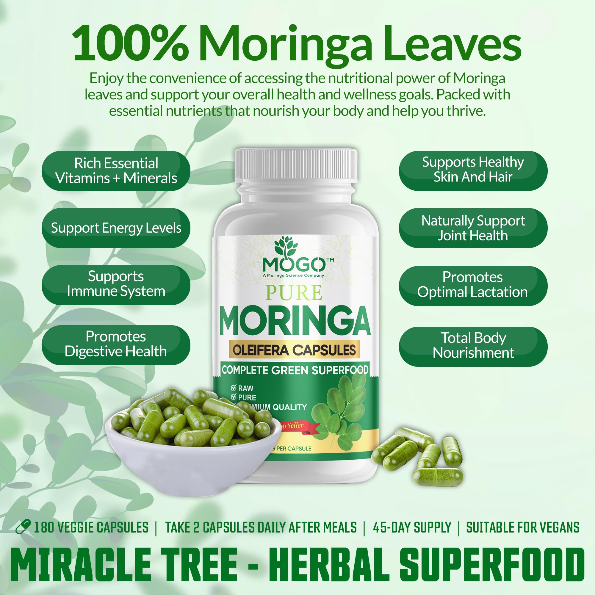 MOGO Moringa Capsules -180 Ct| Boost Energy, Immune, Gut, Joint Support | Made with Pure Organic Moringa Powder Organic Capsules | Made in USA