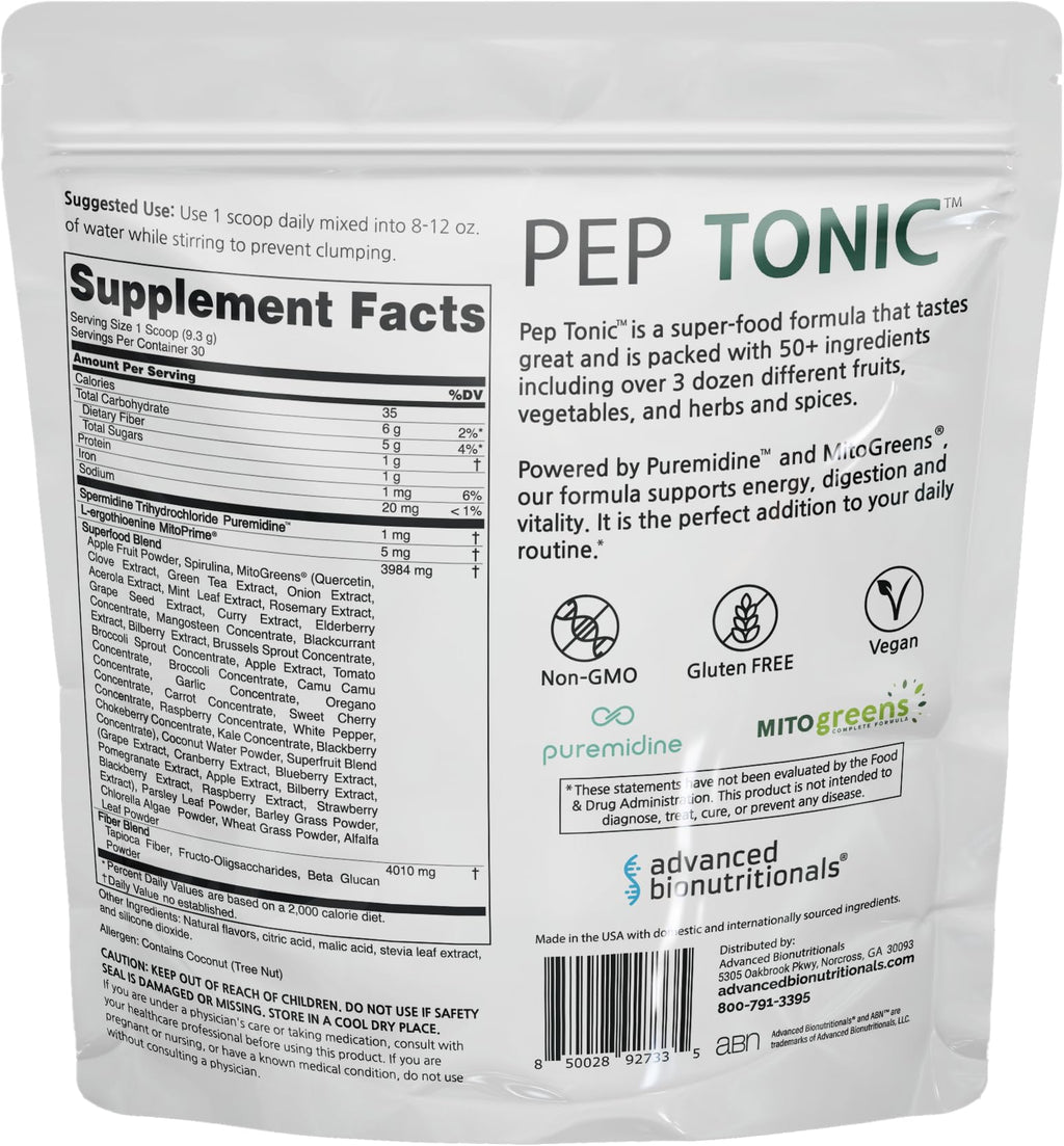 Advanced Bionutritionals Pep Tonic Powdered Superfood Formula 50 Fruits, Vegetables, Herbs, and Superfoods - Vegan, Vegetarian - 9.84 OZ - 279 g