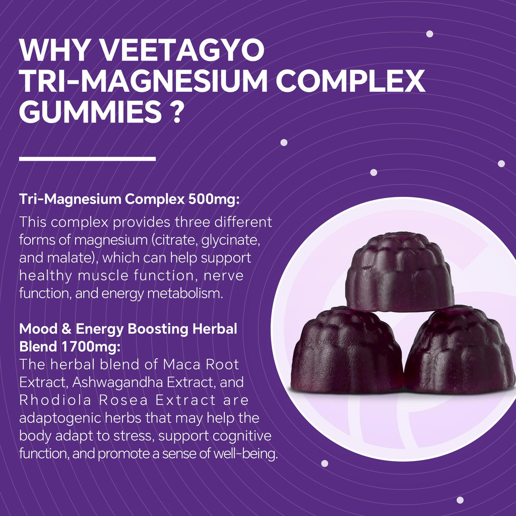 VEETAGYO Magnesium Gummies 500mg 400mg | High Absorption, Bone, Nerves, Muscle | 3 Forms of Magnesium Complex Supplement Glycinate,Taurate,Malate