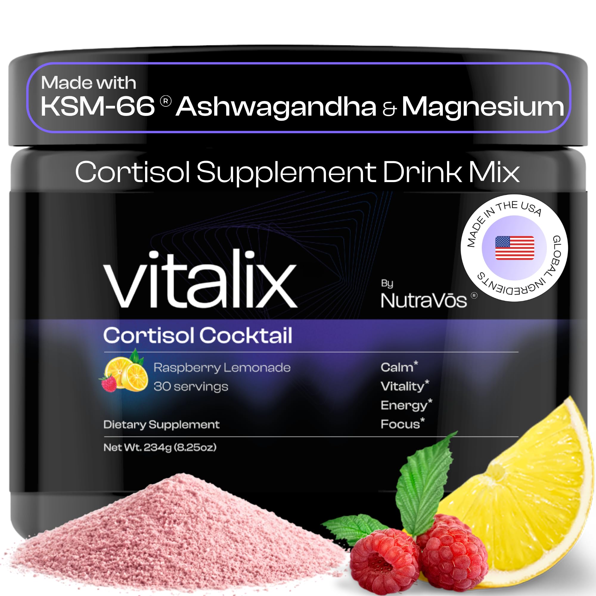 NutraVōs Vitalix – Cortisol Reducer & Adaptogen Drink Mix with Ashwagandha KSM 66, Magnesium Glycinate 200mg, L-Theanine 200mg, Vitamin C 500mg & Electrolytes – Raspberry Lemonade – 30 Servings NutraVōs Au supplements