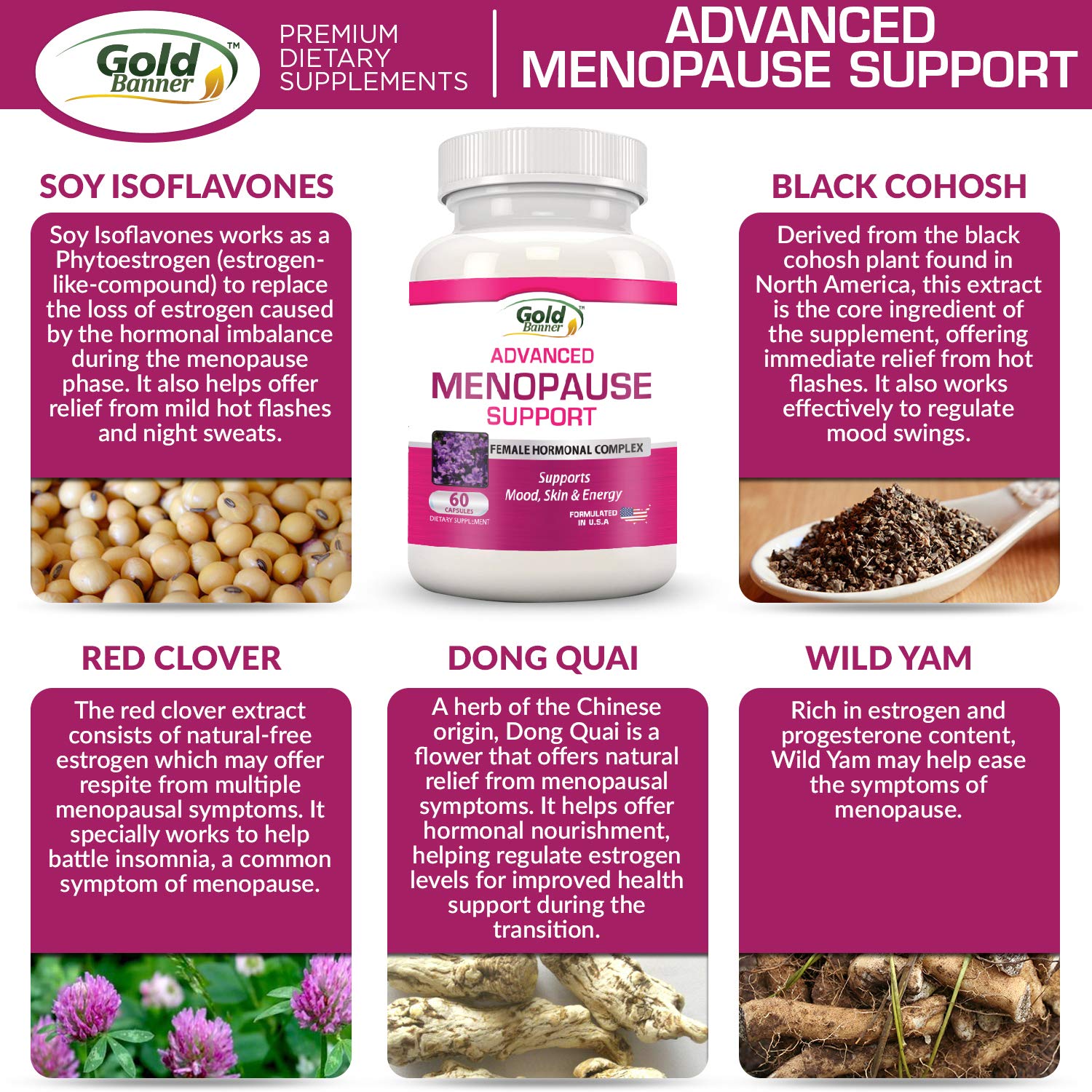 Advanced Menopause Support - Natural Female Hormonal Complex for Hot Flashes, Mood Swings & Vaginal Dryness - Black Cohosh, Soy Isoflavones & Herbal Extract Formula - Does Not Include Hormones Gold Banner Au supplements