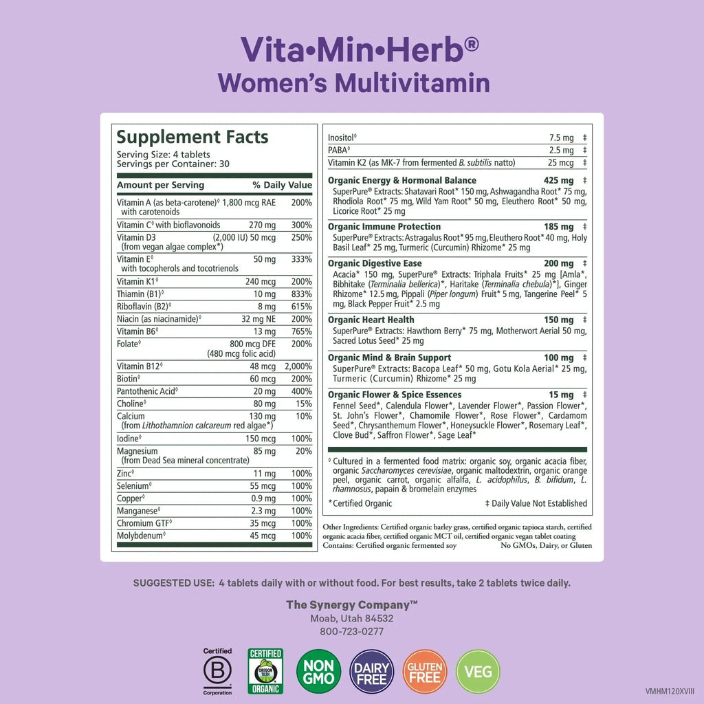 PURE SYNERGY Vita·Min·Herb for Women | Women’s Comprehensive Multivitamin Supplement | Made with Organic Whole Food Non-GMO & Vegan Ingredients | PURE SYNERGY Au supplements