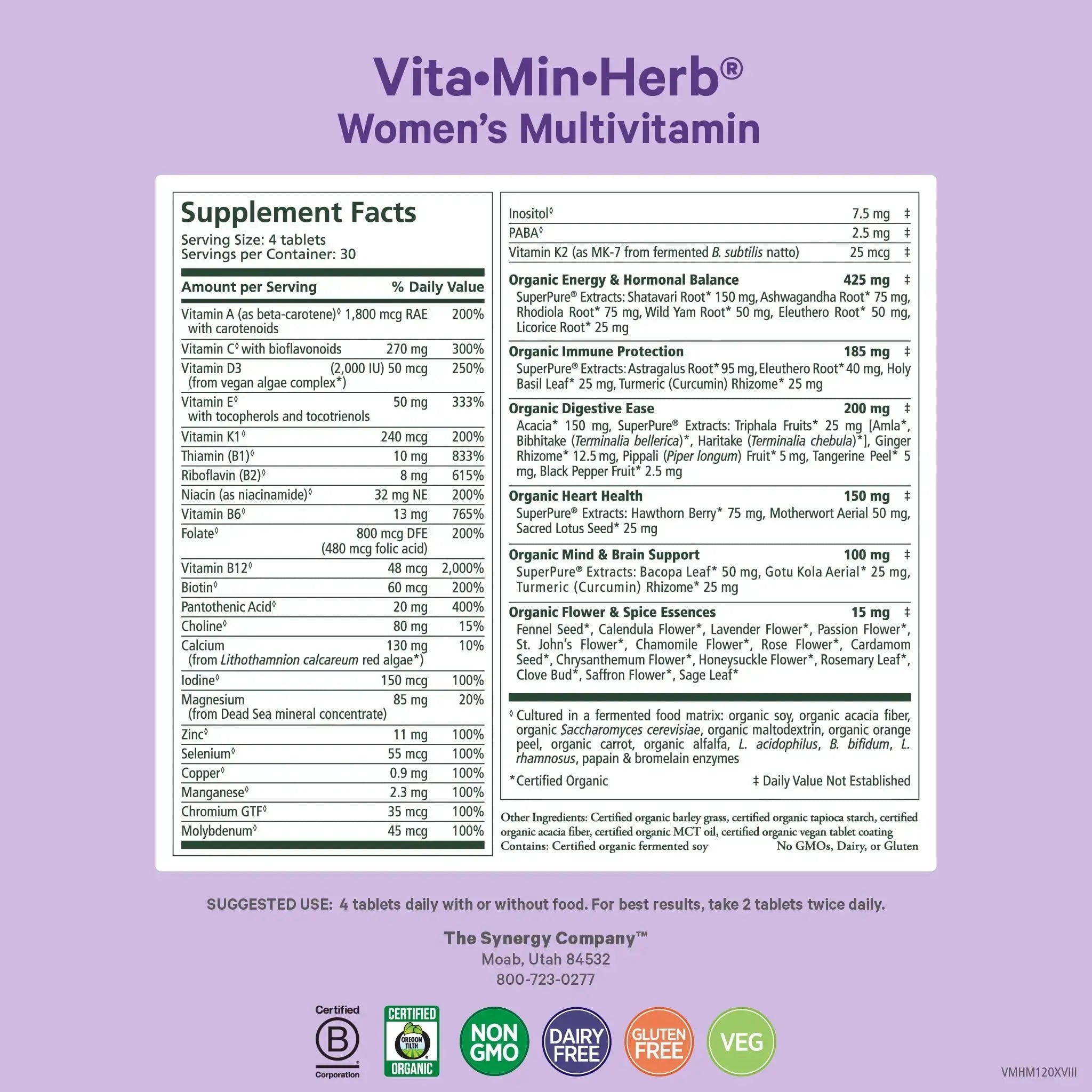 PURE SYNERGY Vita·Min·Herb for Women | Women’s Comprehensive Multivitamin Supplement | Made with Organic Whole Food Non-GMO & Vegan Ingredients | PURE SYNERGY Au supplements