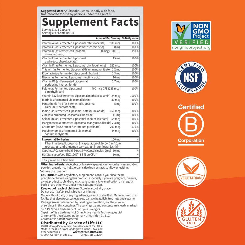 Garden of Life Dr. Formulated Multi+ Metabolism Support - Fermented Liposomal Multivitamin + Chromax, Capsimax, Berberine & Probiotics - 30 Capsules Garden of Life Au supplements