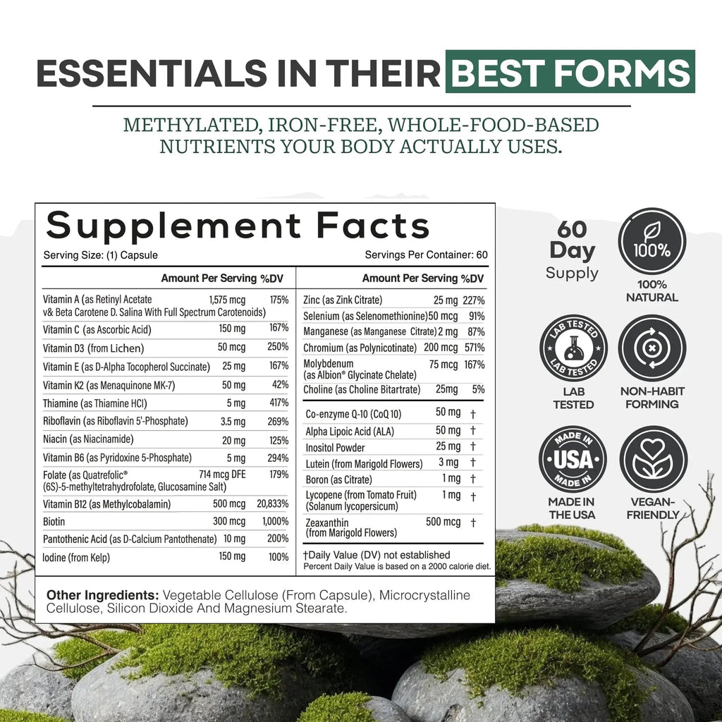 Wild Methylated Multivitamin for Women & Men | Daily Multi Vitamin | MTHFR Supplement Without Iron | Methylated B12, Folate, Vitamin C, A, K2, D, E Wild Foods Au supplements