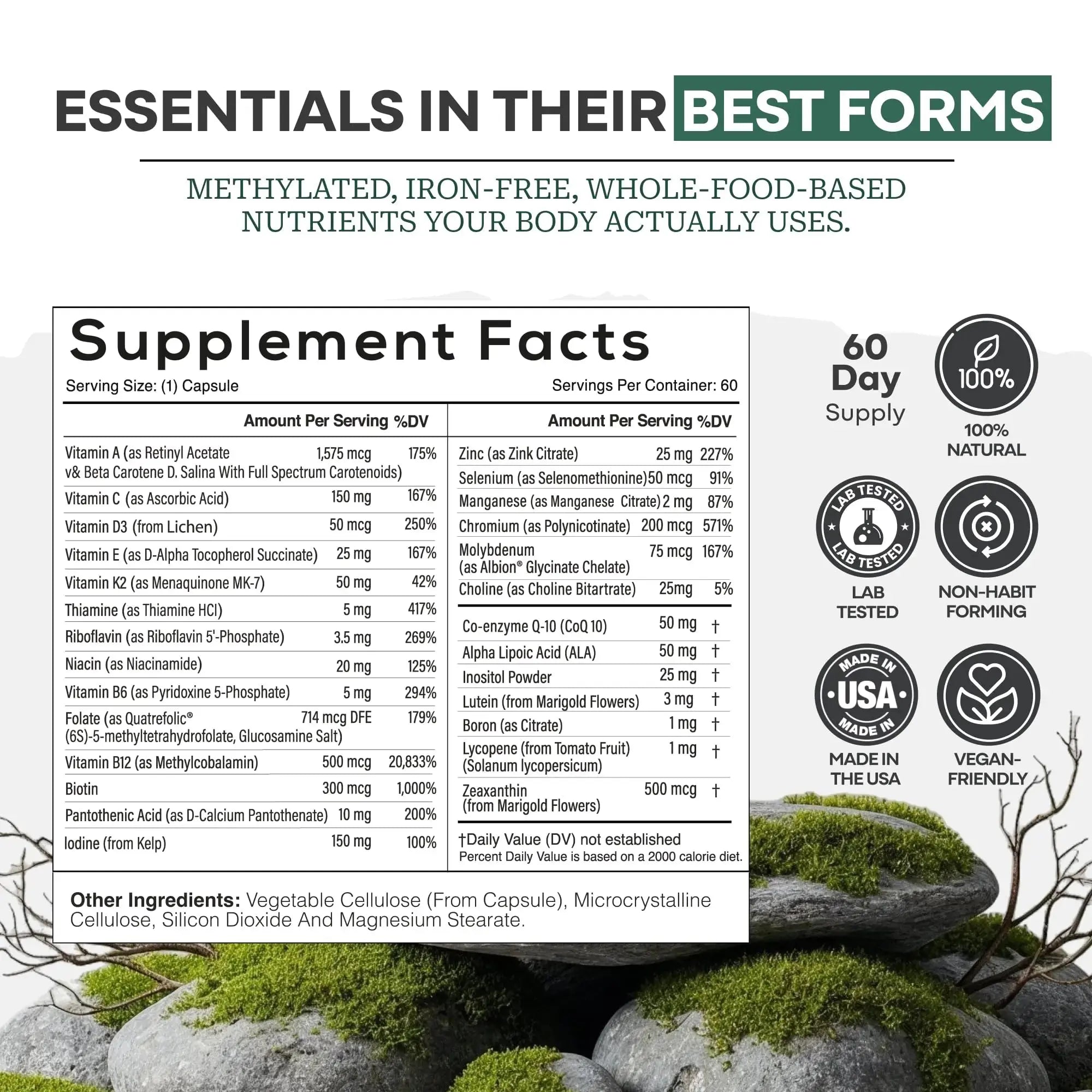 Wild Methylated Multivitamin for Women & Men | Daily Multi Vitamin | MTHFR Supplement Without Iron | Methylated B12, Folate, Vitamin C, A, K2, D, E Wild Foods Au supplements